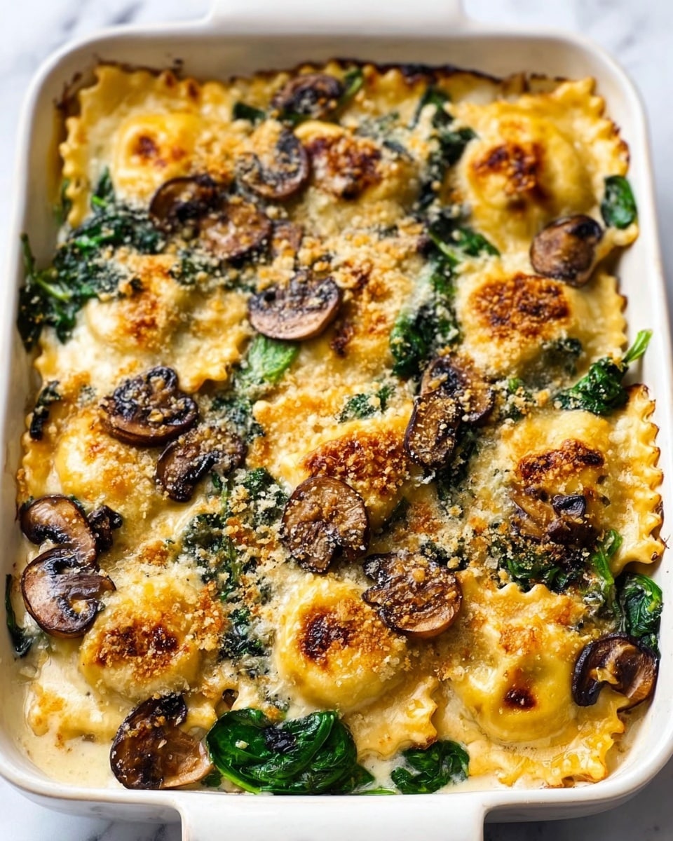A white rectangular dish filled with baked ravioli arranged in one layer, each ravioli covered with golden melted cheese that has browned spots on top. Between the ravioli are dark green spinach leaves spread evenly, and on top of everything, sautéed light brown mushroom slices are scattered. The top also has a sprinkling of light tan breadcrumbs giving a crunchy look. The dish sits on a white marbled texture. Photo taken with an iphone --ar 4:5 --v 7