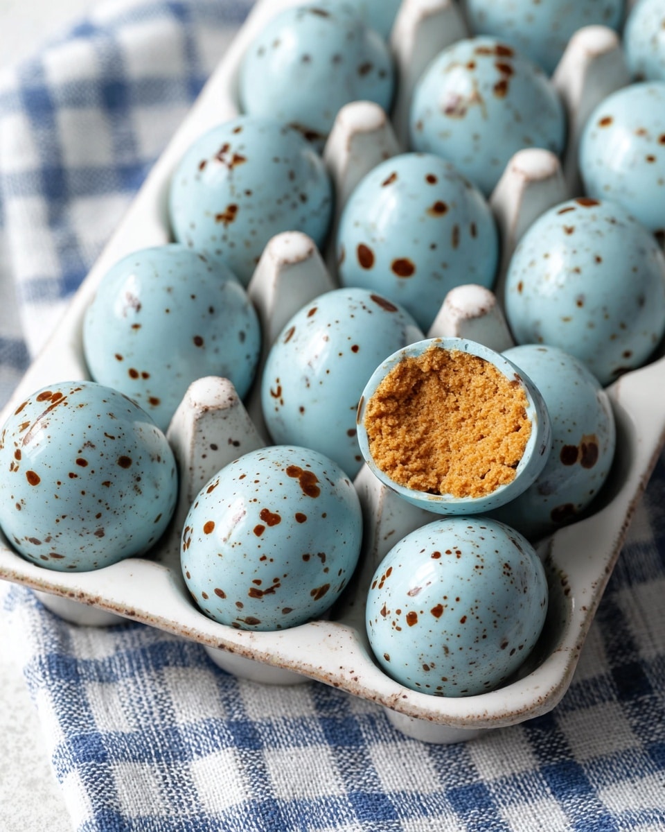 The image shows a white ceramic egg tray holding twelve light blue speckled eggs. Each egg has small brown spots scattered over its smooth surface. One egg in the middle row is cut open, revealing a crumbly orange filling inside. Around the tray, a few eggs are placed on a blue and white checkered cloth. The blue eggs contrast softly with the white ceramic tray and the subtle texture of the patterned cloth beneath. The photo is taken from above on a white marbled surface. photo taken with an iphone --ar 4:5 --v 7