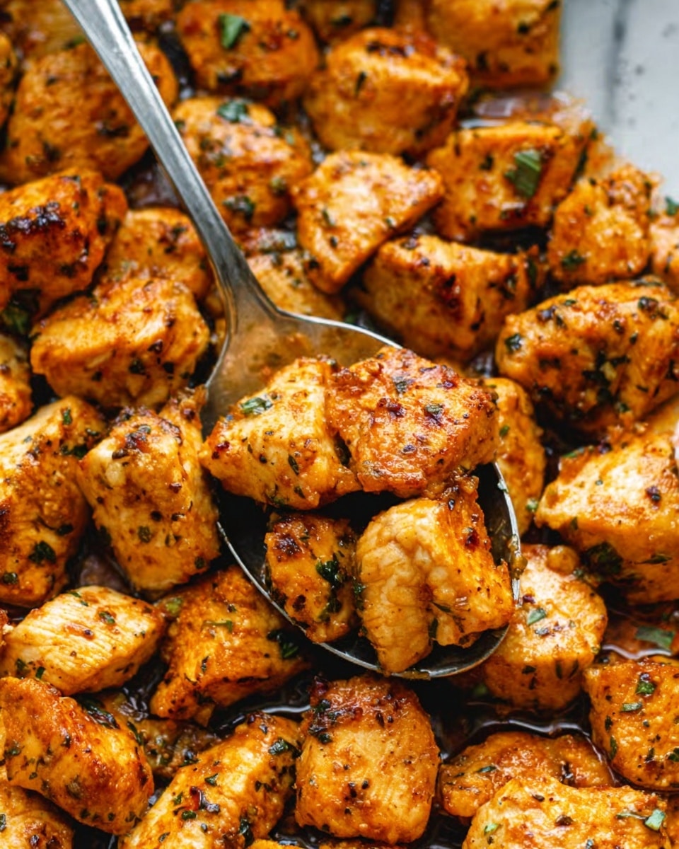 The image shows many pieces of cooked chicken with a golden brown and slightly crispy texture. Each chicken piece is roughly cubed, coated with herbs and spices that give a flaky, slightly charred look, and they are close together, filling the frame completely. A metal spoon is scooping some of the chicken pieces from underneath, with the chicken glistening from oil or sauce that makes it look juicy and tender. The background has a white marbled texture. Photo taken with an iphone --ar 4:5 --v 7