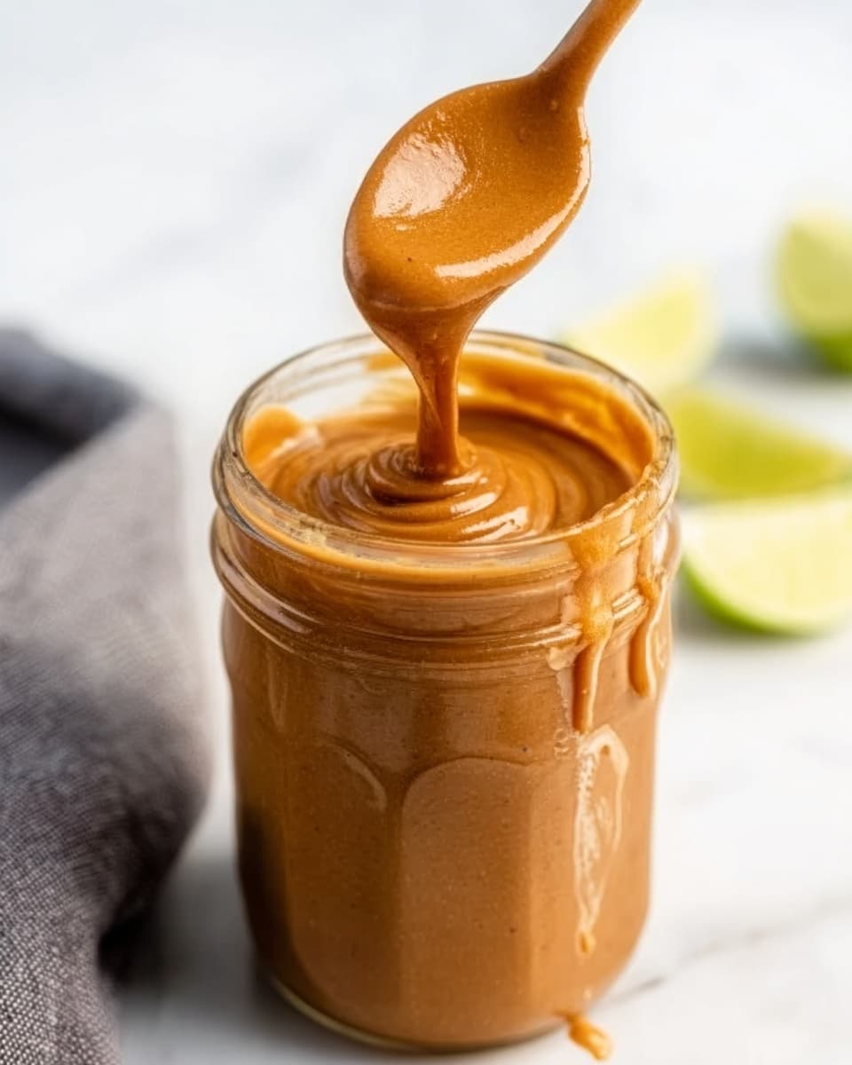 The image shows a close-up of a clear glass jar filled with smooth, creamy peanut butter that has a rich brown color. A spoon is held above the jar by a woman's hand, with the thick peanut butter slowly dripping from the spoon back into the jar. The background features a white marbled surface with some lime wedges blurred behind the jar. The scene is bright and clean, focusing on the thick texture and shiny surface of the peanut butter. photo taken with an iphone --ar 4:5 --v 7