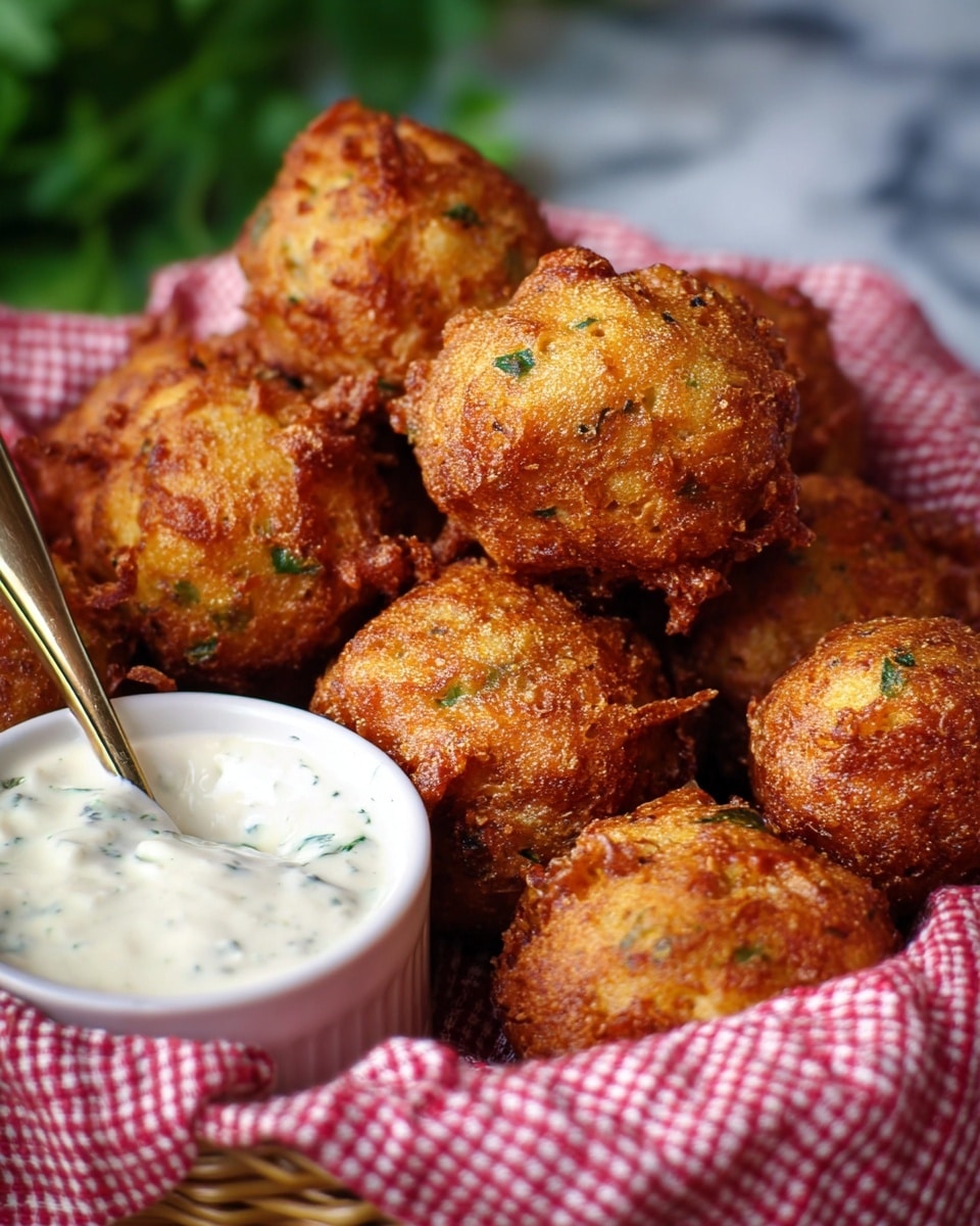 A basket lined with a red and white checkered cloth holds several golden-brown, round fritters with a crispy, textured surface and small green herb bits visible inside. The fritters are piled on top of each other, showing their rough, crunchy exterior. In the foreground, a small white bowl contains a creamy white dipping sauce with visible herbs, and a bronze spoon rests in the bowl. The background has blurred greenery and a white marbled texture. photo taken with an iphone --ar 4:5 --v 7