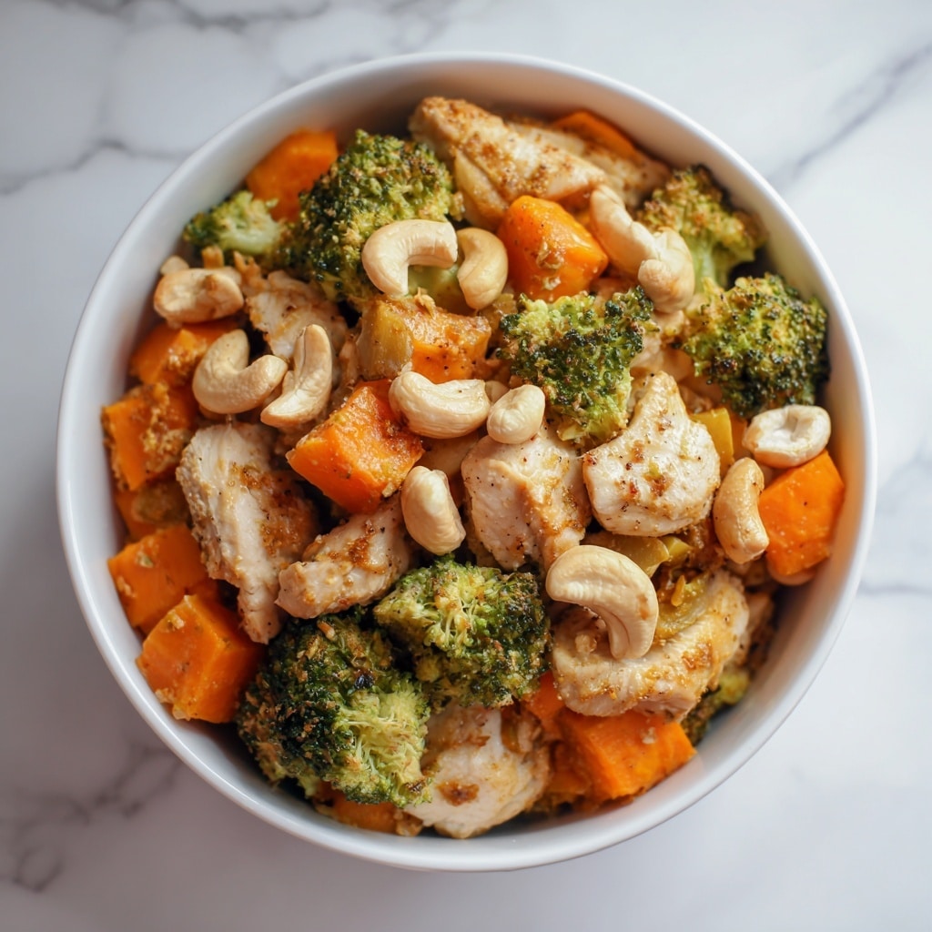 The image shows a dish of stir-fried chicken with mixed vegetables in a white bowl. The dish has several layers: a base of stir-fried light brown chicken pieces with a slightly glossy texture, mixed with bright green broccoli florets, thick orange carrot slices, and light yellow bamboo shoots scattered evenly. The vegetables and chicken have a shiny, slightly oily coating, suggesting a savory sauce. The bowl is placed on a white marbled surface. Photo taken with an iphone --ar 4:5 --v 7