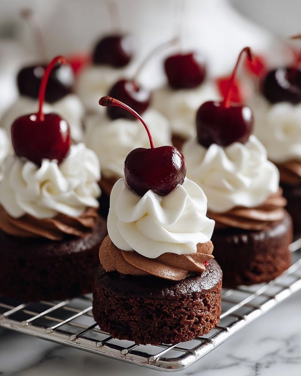 The image shows several small round chocolate cakes arranged on a metal cooling rack, each with three visible layers. The bottom layer is a dark brown chocolate cake with a rough texture. The middle layer is a smooth, shiny chocolate ganache in a slightly lighter brown shade. The top layer is white, swirled whipped cream piped in a circular pattern. Each cake is topped with a shiny, deep red cherry with its stem standing upright. The background has a white marbled texture. Photo taken with an iphone --ar 4:5 --v 7