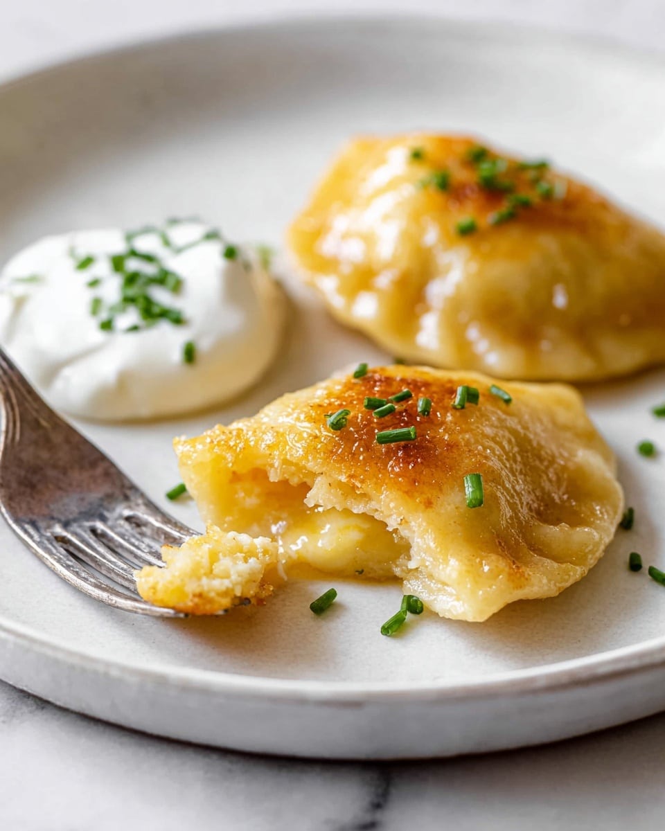 Two golden brown pierogis with a slightly crispy, shiny surface sit on a white plate with a white marbled texture beneath. The front pierogi is cut open, showing a soft, creamy yellow filling inside. Both pierogis are sprinkled with small green chives. A dollop of white sour cream with chives is on the pierogi in the background. A silver fork rests on the edge of the plate, holding a small piece of the front pierogi. The lighting is bright and natural, focusing closely on the texture and colors of the dish. Photo taken with an iphone --ar 4:5 --v 7