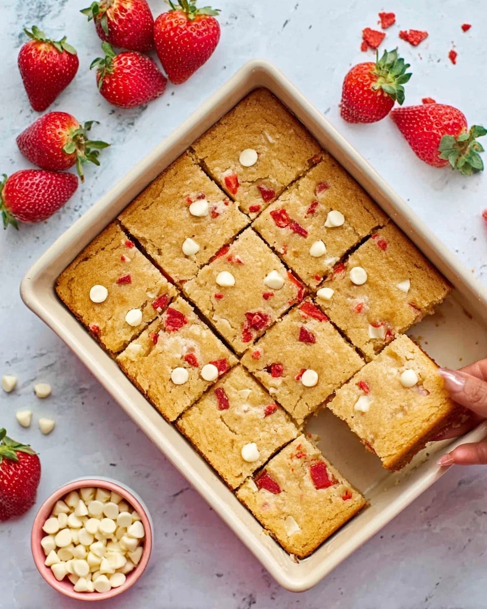 The image shows a white rectangular baking pan filled with a golden brown baked dessert cut into square pieces, some squares topped with small red strawberry bits and small white chocolate chips scattered across the surface. One piece is removed, revealing a soft, moist inside with more white chocolate chips embedded. Around the pan, fresh red strawberries with green tops and a small bowl filled with extra white chocolate chips are placed on a white marbled surface. A woman's hand is pulling out one square piece from the pan. photo taken with an iphone --ar 4:5 --v 7