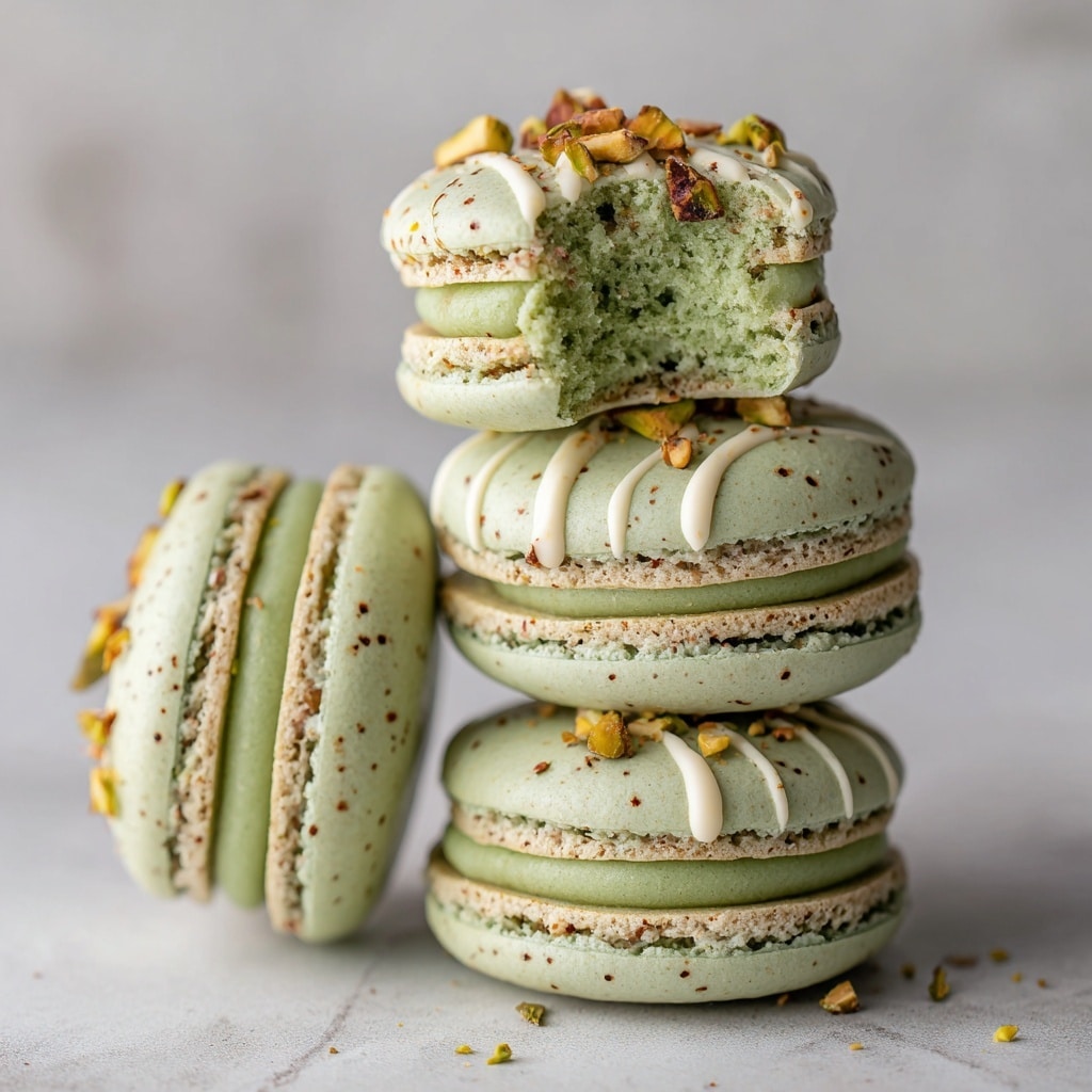 The image shows several light green macarons with two smooth, round shells each, having a slightly speckled texture. Between the shells, there is one thick layer of green filling that looks creamy and slightly chunky. The top shell of each macaron is decorated with three thin, even white icing lines running diagonally across the surface, and sprinkled with small pieces of crushed nuts, mainly pistachios. The macarons rest on a white marbled surface with some crushed nut crumbs scattered around them. The close-up view highlights the delicate texture and decoration of the macarons. photo taken with an iphone --ar 4:5 --v 7