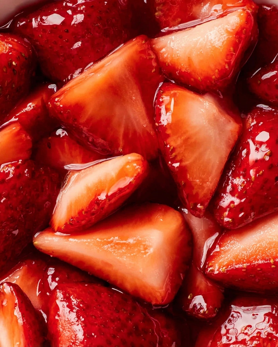 A close-up view of a bowl filled with several pieces of fresh, red strawberries cut into halves and quarters. The strawberries glisten with a shiny, juicy texture, coated in a light, glossy syrup that adds a wet, reflective surface to each piece. The white marbled texture underneath is barely visible around the edges, focusing entirely on the vibrant red fruit. The strawberries vary slightly in the shades of red, from deep crimson to lighter pink near their inner flesh. Photo taken with an iphone --ar 4:5 --v 7