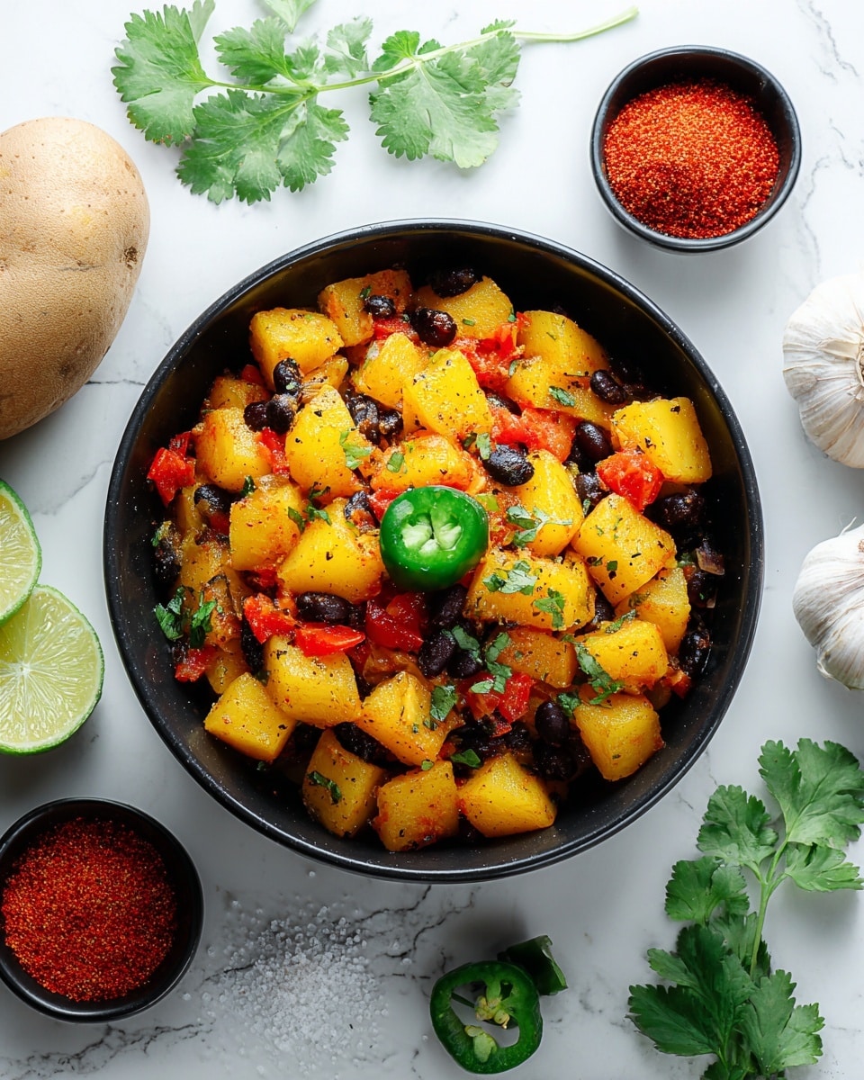 A close-up top view of a black pan filled with a colorful mix of roasted potato pieces, black beans, and diced red bell peppers, all evenly mixed and garnished with fresh green cilantro leaves scattered on top. The potato chunks are golden brown with a slightly crispy texture, while the beans add a dark contrast and the red peppers bring bright color to the dish. The pan sits on a white marbled surface with some fresh herbs, lemon, coarse salt, and other ingredients around it. photo taken with an iphone --ar 4:5 --v 7
