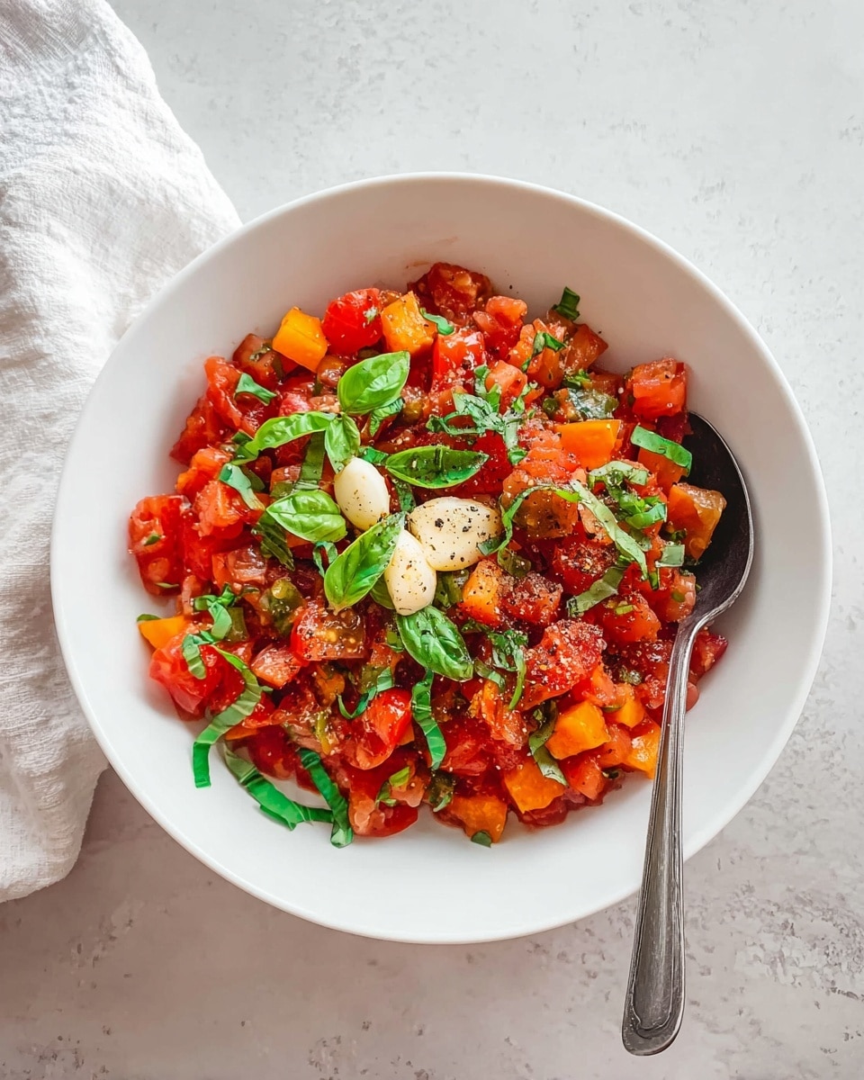 A white bowl filled with a colorful mix of chopped tomatoes and small pieces of orange carrot forms the base layer. On top of this, there are scattered fresh green basil leaves adding vibrant color. Two whole peeled garlic cloves rest near the center surrounded by a dusting of black pepper and coarse salt, giving texture to the dish. A silver spoon lies inside the bowl on the right side. The bowl is set on a white marbled texture surface with a partial view of a white cloth in the top left corner. photo taken with an iphone --ar 4:5 --v 7