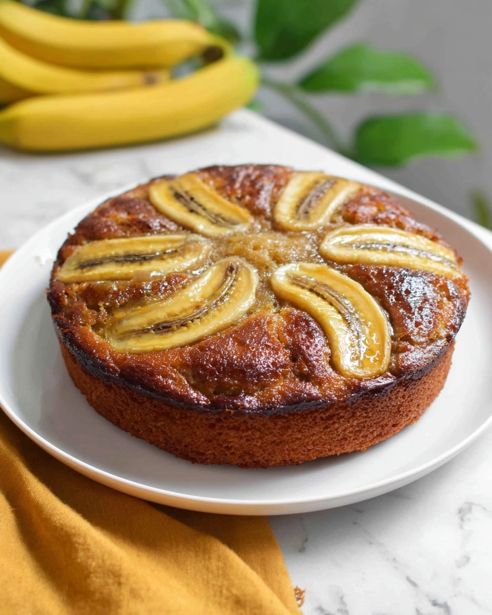 A slice of banana cake sits on a white plate with raised edges, showing two distinct layers: the bottom layer is a light brown, moist crumb with visible banana bits, and the top layer features a golden-brown crust topped with two halved banana slices that have browned slightly from baking. The slice is placed near the edge of the plate next to a silver fork. In the background, the whole banana cake is on a white plate, similarly topped with several banana slices, and two whole yellow bananas are also visible. The setting shows a white marbled surface. photo taken with an iphone --ar 4:5 --v 7