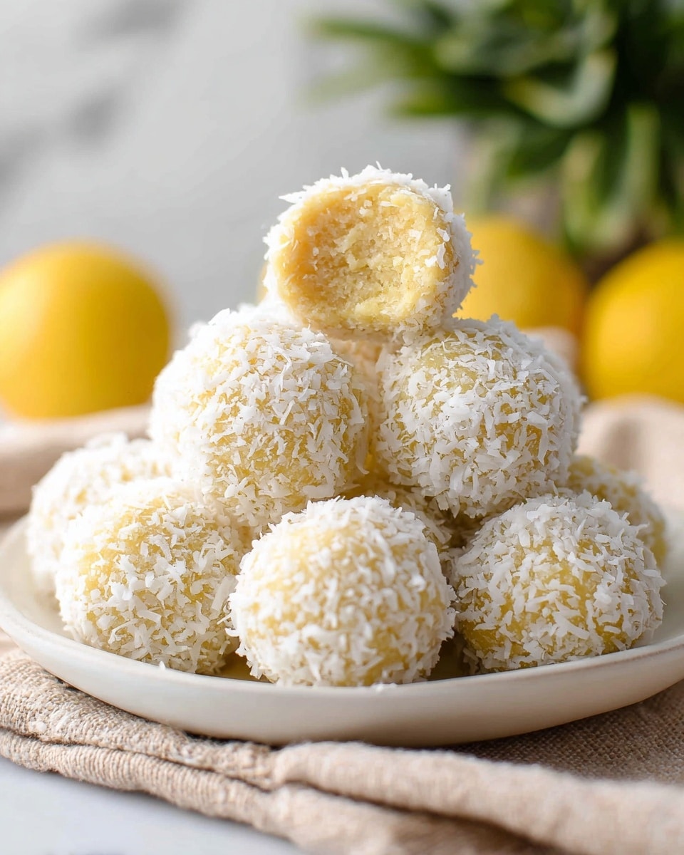 A pile of round, light yellow balls covered in shredded white coconut sit stacked in a pyramid shape on a white plate with a gold rim, positioned on a beige cloth napkin. The balls have a coarse texture from the coconut coating and look soft underneath. In the blurry background, there are two whole lemons and one halved lemon showing its yellow inside, along with a small green plant and a glass of milk on a white marbled surface. The overall scene is bright with soft natural light. photo taken with an iphone --ar 4:5 --v 7