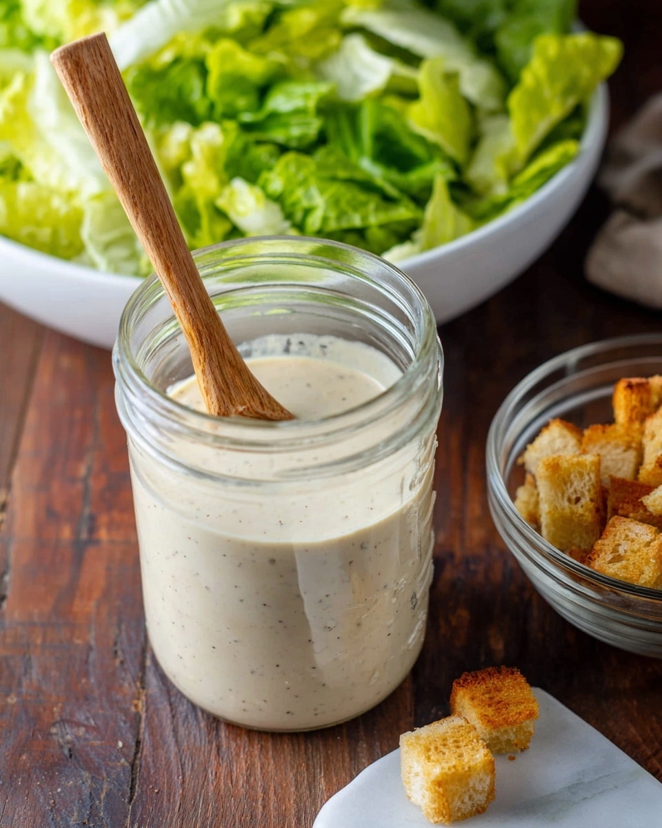 A clear glass jar filled almost to the top with creamy, light beige dressing that has small dark specks scattered throughout, with a wooden spoon standing upright inside it. Behind the jar, there is a white bowl filled with fresh, bright green lettuce leaves. To the right of the jar is a small clear glass bowl containing golden brown, crunchy croutons, with one crouton resting on the white marbled surface in front of the bowl. The whole scene is set on a dark wooden table. photo taken with an iphone --ar 4:5 --v 7