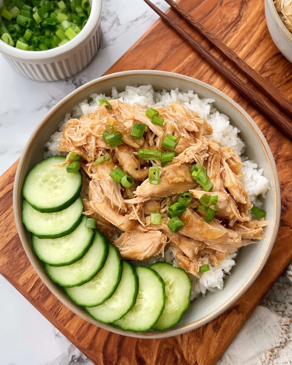 A bowl filled with three main layers is shown: the bottom layer is white steamed rice with a soft, fluffy texture; on top, a generous layer of sliced cooked chicken glazed with a shiny, brown sauce covers most of the rice; along the side of the chicken, five evenly spaced slices of fresh cucumber with bright green skin and pale green centers create a neat row; the chicken is garnished with small pieces of chopped green onions scattered on top. The bowl is white with a gray rim, set on a wooden surface with some ginger and small bowls with extra ingredients visible in the background, all on a white marbled textured surface. Photo taken with an iphone --ar 4:5 --v 7