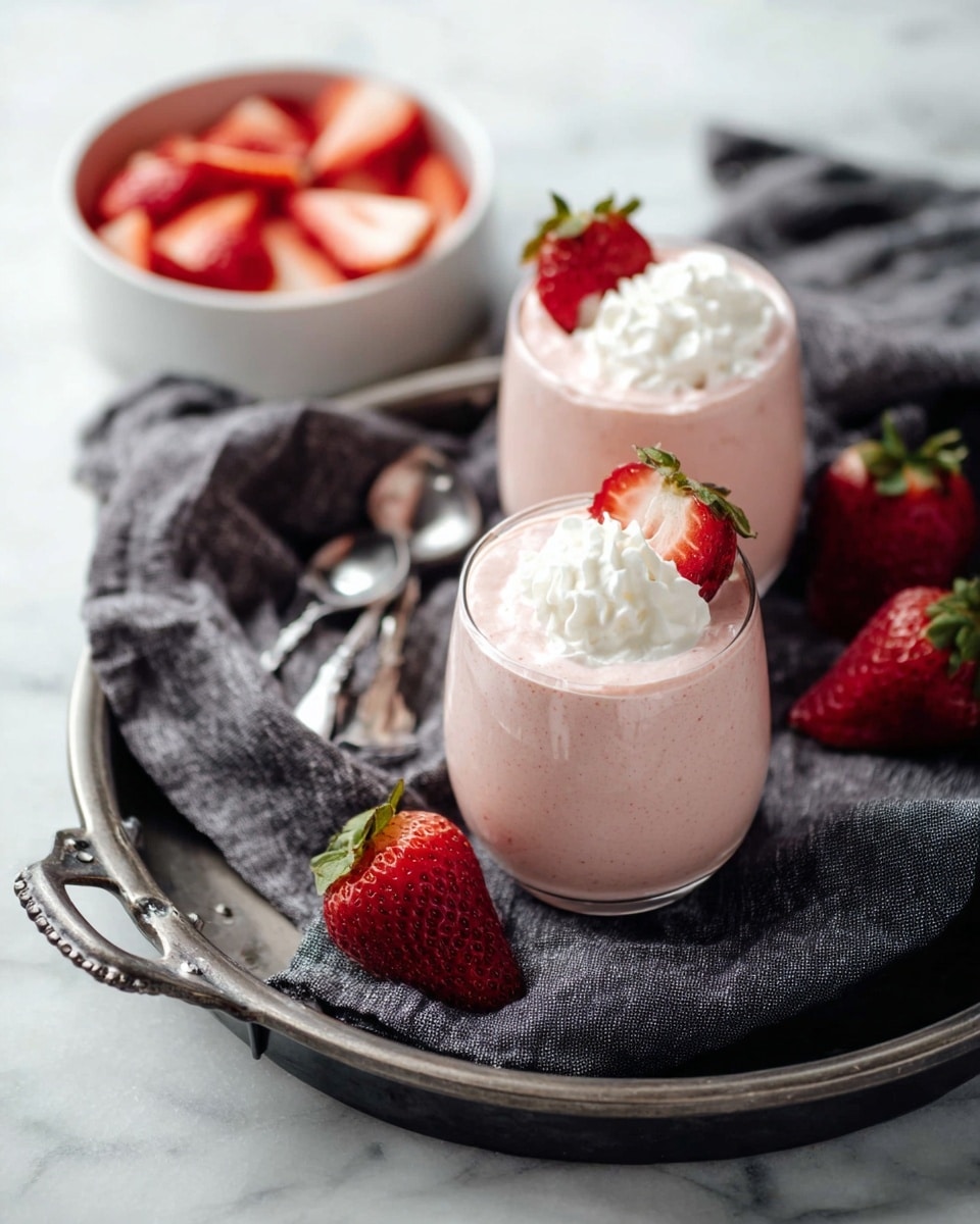 Two clear round glasses filled with a creamy light pink strawberry mousse, each topped with a soft white dollop of whipped cream and garnished with a fresh red strawberry on the rim. The glasses sit on a dark gray cloth inside a metal tray. Next to the tray, there are two whole strawberries and a white bowl filled with sliced strawberries. The setting is on a white marbled surface. photo taken with an iphone --ar 4:5 --v 7