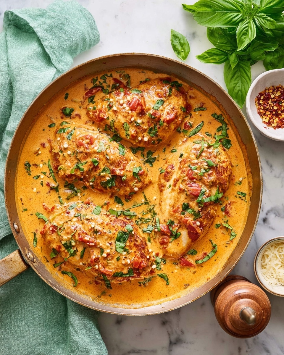 A round pan shows four browned chicken breasts covered with a thick, creamy orange sauce with small pieces of red tomato and herbs mixed in. The sauce has a smooth texture and spreads evenly around the chicken. Bright green chopped herbs are sprinkled on top of the chicken breasts. The pan is placed on a white marbled surface with a light green cloth on the left side and fresh basil leaves on the right near two small white bowls, one with red chili flakes and the other with grated cheese. A wooden pepper grinder is also visible near the basil. photo taken with an iphone --ar 4:5 --v 7