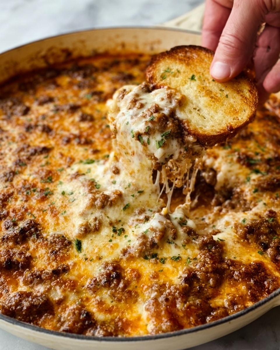The image shows a close-up of a baked dish in a round white pan filled with melted cheese and browned ground meat, forming a top golden layer with some crispy spots. A woman's hand is scooping up a portion with a piece of toasted bread, lifting the cheesy mixture that looks gooey and creamy, revealing soft layers of cooked meat and sauce underneath. The cheese stretches slightly, showing its melted, smooth texture. The scene is on a white marbled surface. Photo taken with an iphone --ar 4:5 --v 7