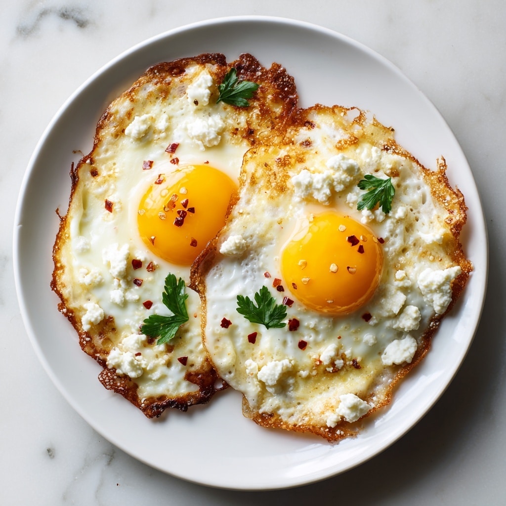 Two fried eggs are shown on a white plate with slightly crispy, golden brown edges. Each egg has a bright yellow yolk in the center that looks shiny and smooth. The white parts of the eggs are cooked with some slight bubbling and a bit of browning near the edges. Crumbled white cheese is spread unevenly over the eggs, adding a soft texture contrast. Small green parsley leaves are scattered on top for a fresh look, along with a few red chili flakes sprinkled on the yolks, giving a pop of color. The plate sits on a surface with a white marbled texture. photo taken with an iphone --ar 4:5 --v 7
