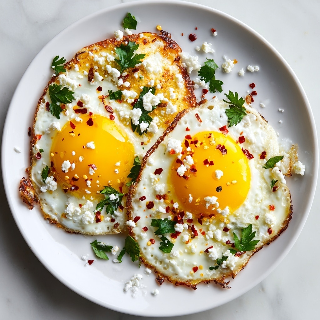 A close-up of two sunny-side-up eggs on a white plate, each with a bright yellow yolk sitting in the center of a slightly crispy, golden-brown white layer. The eggs are sprinkled with crumbled white cheese and small green parsley leaves, with a few red chili flakes scattered on top, adding subtle pops of color. The edges of the eggs show a few darker, crispy spots for texture. The plate rests on a surface with a white marbled texture. photo taken with an iphone --ar 4:5 --v 7