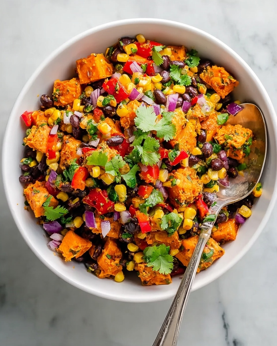A white bowl filled with a colorful mixed salad showing three main layers: the bottom layer is made of bright orange roasted sweet potato cubes with a rough texture, the middle layer consists of black beans and yellow corn kernels, and the top layer includes finely chopped red onions, small pieces of red bell pepper, and green cilantro leaves scattered throughout. The ingredients are mixed but clearly visible individually, with a silver spoon partially submerged on the left side of the bowl. The bowl is placed on a white marbled surface photo taken with an iphone --ar 4:5 --v 7