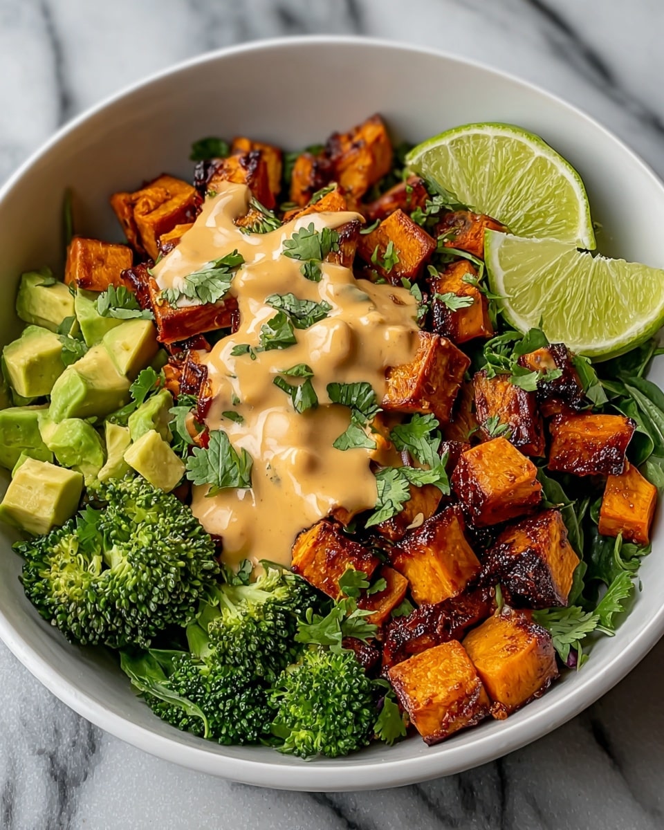 A white bowl filled with several colorful layers starts with a base of fresh green leafy vegetables and brown grains. On top, there is a thick layer of bright orange roasted sweet potato cubes with some charred edges. There are dollops of creamy, pale yellow sauce drizzled over the sweet potatoes, and small pieces of dark, crispy bits sprinkled around. Around the bowl, there are sections of bright green broccoli florets, slices of guacamole with a smooth, light green texture, and a couple of fresh lime slices. The dish is garnished with chopped fresh green herbs. The bowl sits on a white marbled surface. photo taken with an iphone --ar 4:5 --v 7