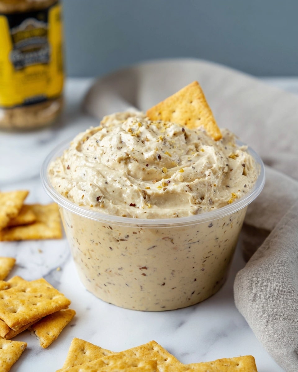 A white bowl filled with a creamy, pale beige dip speckled with small dark seeds or spices, with a textured but smooth surface showing soft peaks and swirls; a spoon with a red handle is partially immersed in the dip on the right side. On the left side of the bowl, several square crackers with a light golden brown toasted pattern lean against the bowl and lie scattered on a white marbled surface. In the background, two mustard jars are slightly out of focus alongside a soft gray cloth. photo taken with an iphone --ar 4:5 --v 7