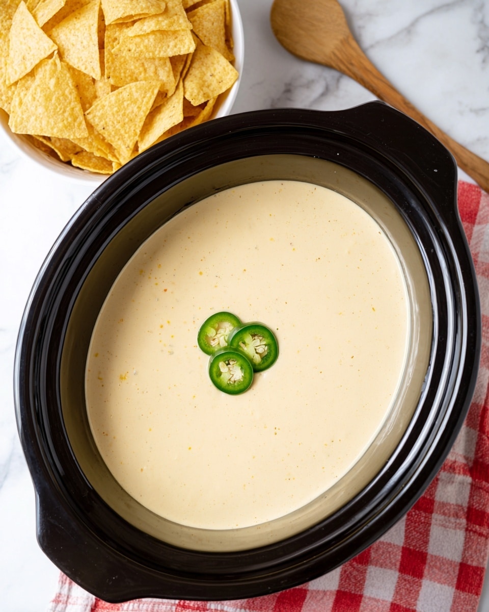 A black slow cooker bowl is filled with a smooth, creamy, light yellow cheese dip, topped with three thin slices of fresh green jalapeño placed neatly in the center. To the left in a white bowl, there are light yellow triangular corn chips. A wooden spoon is placed on the right side on a white marbled surface with a red and white checkered cloth partially visible between the slow cooker and the chips bowl. photo taken with an iphone --ar 4:5 --v 7