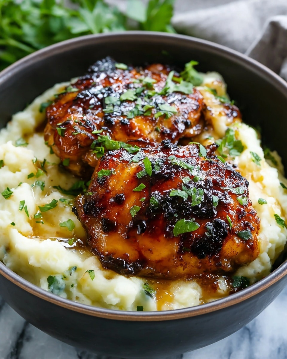 The image shows a close-up of a white plate holding a serving of mashed potatoes topped with a thick, glazed grilled chicken thigh. The mashed potatoes form the bottom layer, creamy yellow with some browned, crispy spots. On top, the golden-brown chicken thigh has a shiny, dark caramelized glaze with slight char marks that add texture. Fresh green parsley leaves are scattered on both the chicken and potatoes, adding a pop of color. The plate sits on a white marbled surface, and a gray cloth is partially visible beneath one side. Photo taken with an iphone --ar 4:5 --v 7