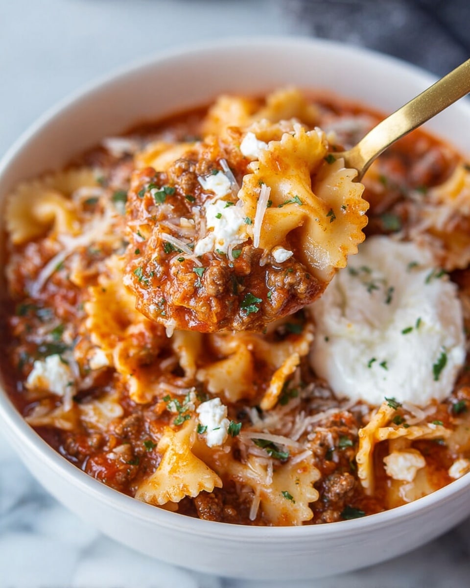A close-up view of a white bowl filled with a layered pasta dish, featuring a thick reddish tomato sauce mixed with small pieces of brown cooked ground meat and chunks of pale yellow pasta with ruffled edges. Shredded white cheese is sprinkled over the top along with finely chopped green herbs. A gold spoon lifts a portion of the pasta, sauce, meat, and cheese from the bowl, showing the textures clearly. In the background of the bowl, there is a dollop of white creamy topping. The entire scene sits on a white marbled surface. photo taken with an iphone --ar 4:5 --v 7