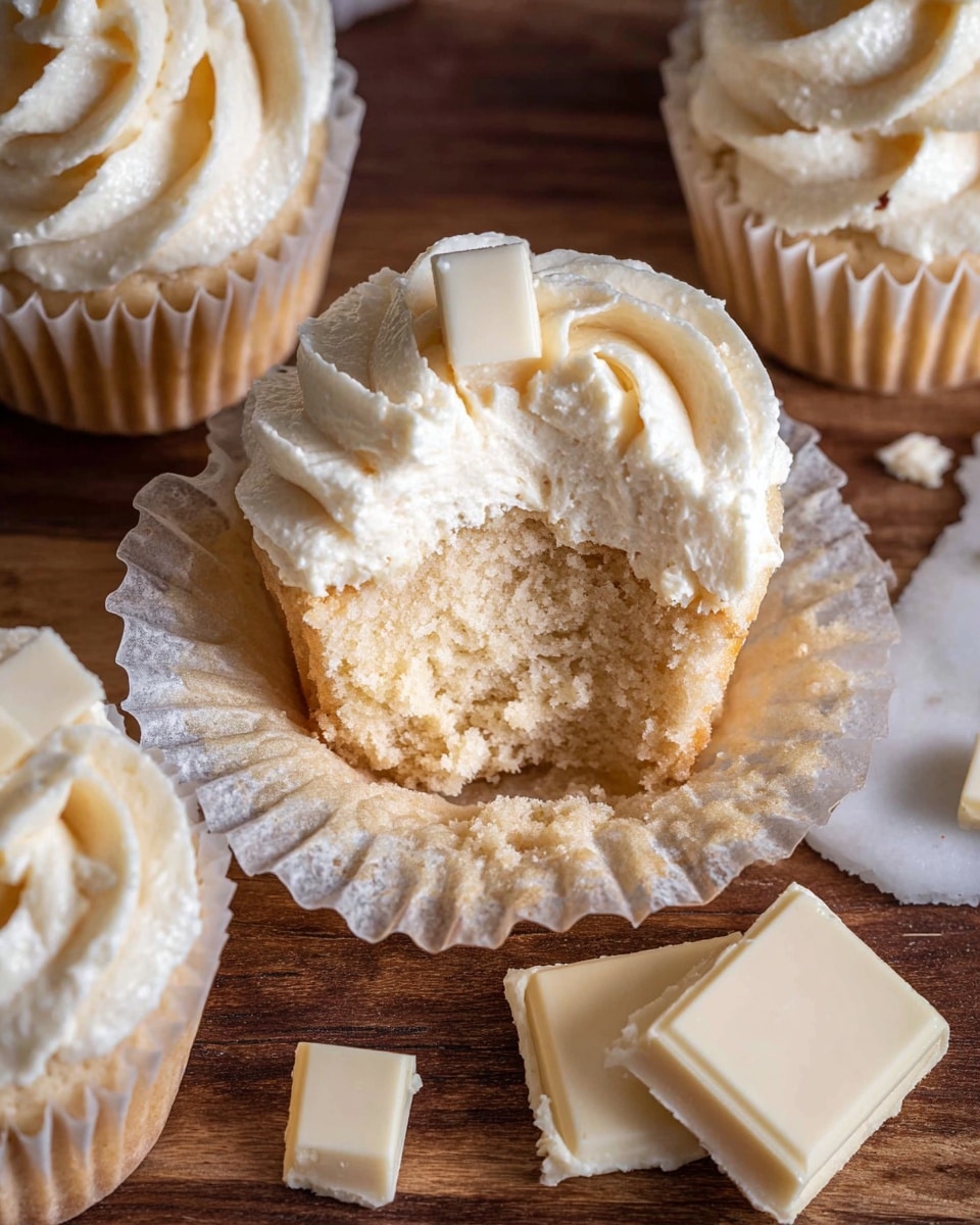 The image shows a close-up of light beige cupcakes with fluffy swirls of creamy white frosting on top. One cupcake is open, showing a soft, airy beige cake layer with a thick, smooth frosting spread inside and topped with a small white chocolate piece. The cupcakes are placed on a dark wooden surface with a white marbled texture. Two extra pieces of white chocolate lie next to the open cupcake. The frosting has a velvety texture with subtle swirls, and the cupcake liners are crinkled and light beige. photo taken with an iphone --ar 4:5 --v 7
