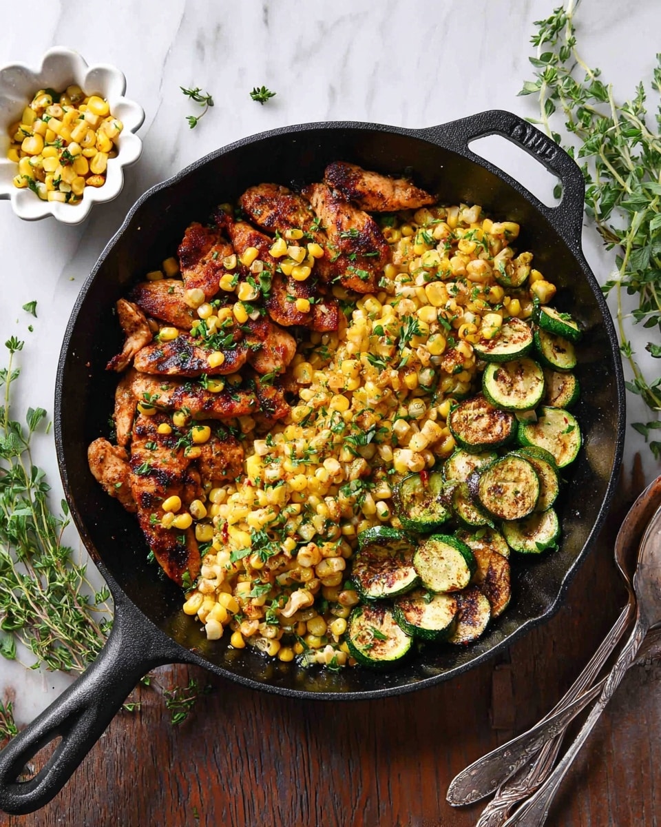 A black cast iron pan is filled with three main sections: on the left, there are browned, grilled chicken strips topped with small yellow corn kernels and sprinkled with green herbs; in the middle, a heap of cooked corn mixed with small green herbs adds texture and color; on the right, toasted zucchini slices show a mix of light green and charred brown shades. The pan rests on a white marbled surface, with sprigs of fresh green herbs scattered around. Nearby, a white small flower-shaped dish holds extra corn and herbs, and old silver spoon and fork lie on the marbled background close to the pan. photo taken with an iphone --ar 4:5 --v 7
