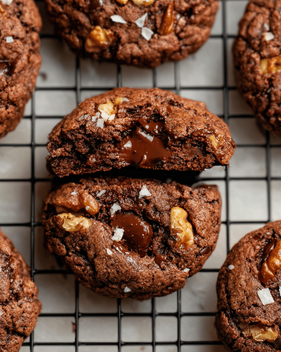 The image shows close-up, fresh baked chocolate cookies arranged in a grid style on a black cooling rack. Each cookie is rich dark brown with a soft, slightly cracked texture and contains visible pieces of melted chocolate and chopped nuts scattered throughout the surface, adding texture and color contrast with shades of light brown and creamy beige against the dark cookie base. The cooling rack is placed over a white marbled surface, giving a clean and bright background that highlights the dark cookies. The cookies are thick and round with uneven tops, showing an inviting gooey and crunchy mix. Photo taken with an iphone --ar 4:5 --v 7