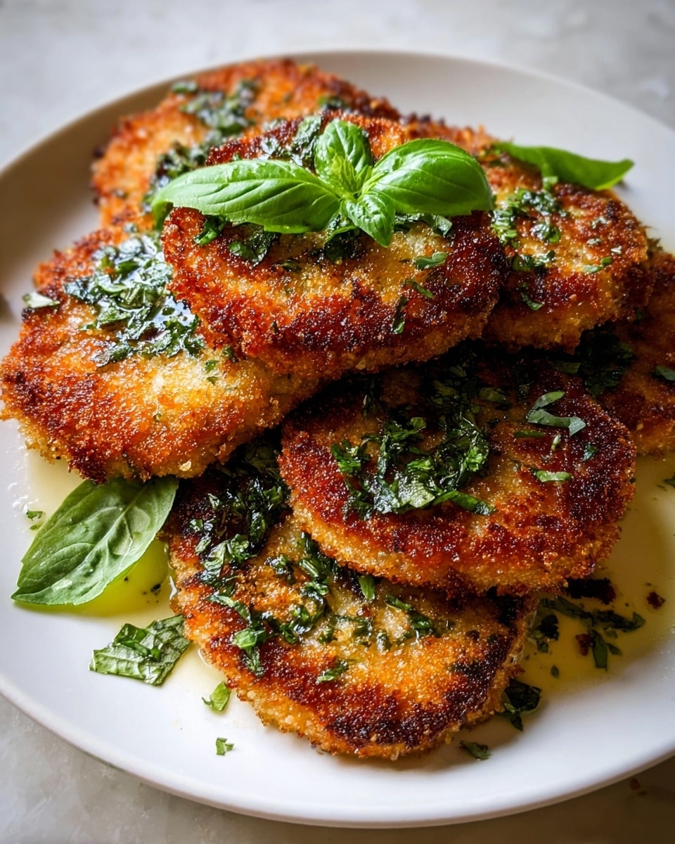 A white plate filled with seven golden-brown, crispy breaded chicken cutlets arranged in a slightly overlapping stack. Each cutlet has a rough, crunchy texture with a light and dark golden crust. On top of the cutlets and scattered around are chopped fresh green herbs and several whole basil leaves, adding a vibrant contrast. The plate has a small pool of light yellow olive oil around the cutlets, giving them a shiny and appetizing look. The background shows a white marbled texture. photo taken with an iphone --ar 4:5 --v 7