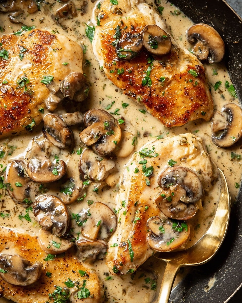 A white plate holds a meal with three main parts: on the left, a piece of golden brown chicken breast topped with light beige creamy mushroom sauce and garnished with small green herbs, with sliced brown mushrooms mixed into the sauce beneath and around the chicken; in the center, a large scoop of creamy mashed potatoes covered in the same mushroom sauce with visible mushroom slices, also sprinkled with green herbs; on the right, a neat bundle of bright green steamed green beans, all placed on a white marbled surface. photo taken with an iphone --ar 4:5 --v 7