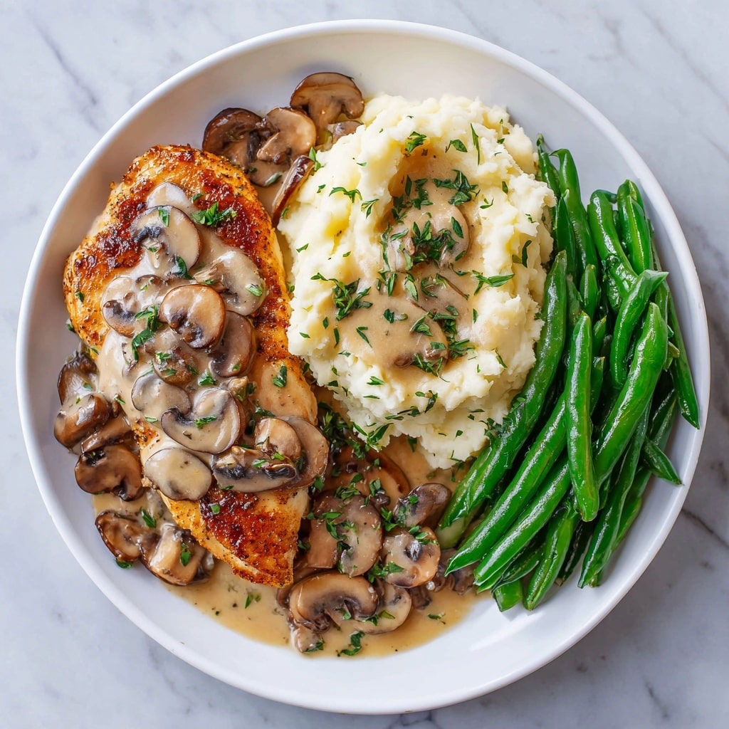 The image shows a close-up of three golden-brown pan-seared chicken breasts in a thick creamy mushroom sauce. The sauce is light beige with visible slices of cooked brown mushrooms scattered around and partly on top of the chicken. Green chopped herbs are sprinkled evenly over the dish, adding a fresh color contrast. A shiny golden spoon rests on the right side, partially submerged in the sauce and holding some mushroom slices. The food is presented in a dark pan with a white marbled texture visible at the edges. The textures highlight the moistness of the sauce and the slight crispiness of the chicken’s surface. photo taken with an iphone --ar 4:5 --v 7