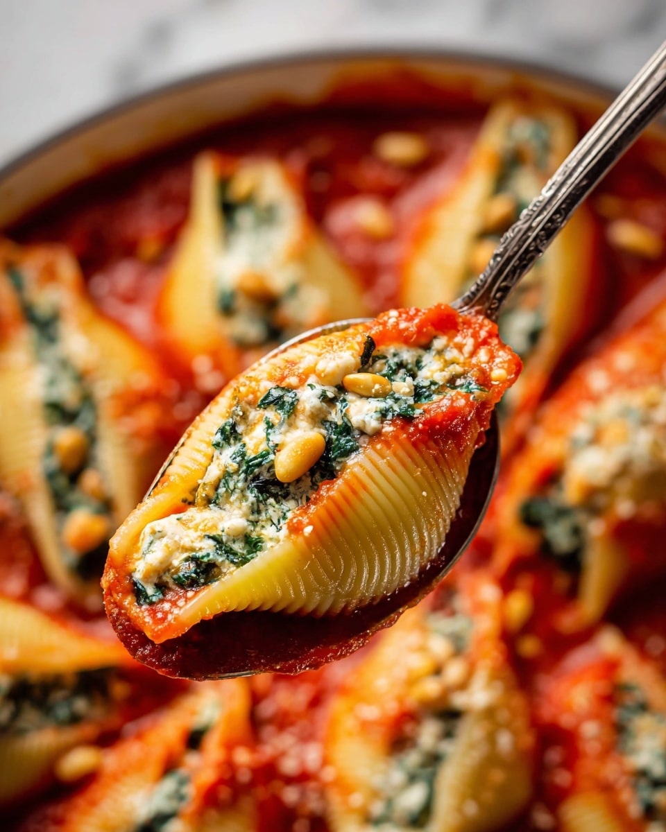The image shows a close-up of a single stuffed pasta shell held on a spoon above a baking dish. The shell is golden yellow with soft ridges on its surface. Inside, it is filled with a creamy mixture of white cheese and dark green spinach, topped with small pine nuts and bits of grated cheese. The pasta rests in a thick, vibrant red tomato sauce that clings to the shell and the spoon. The background shows more shells arranged in a circular pattern in the white bowl, all covered in the same tomato sauce and cheese mix. The scene is set on a white marbled surface with soft, warm lighting. Photo taken with an iphone --ar 4:5 --v 7