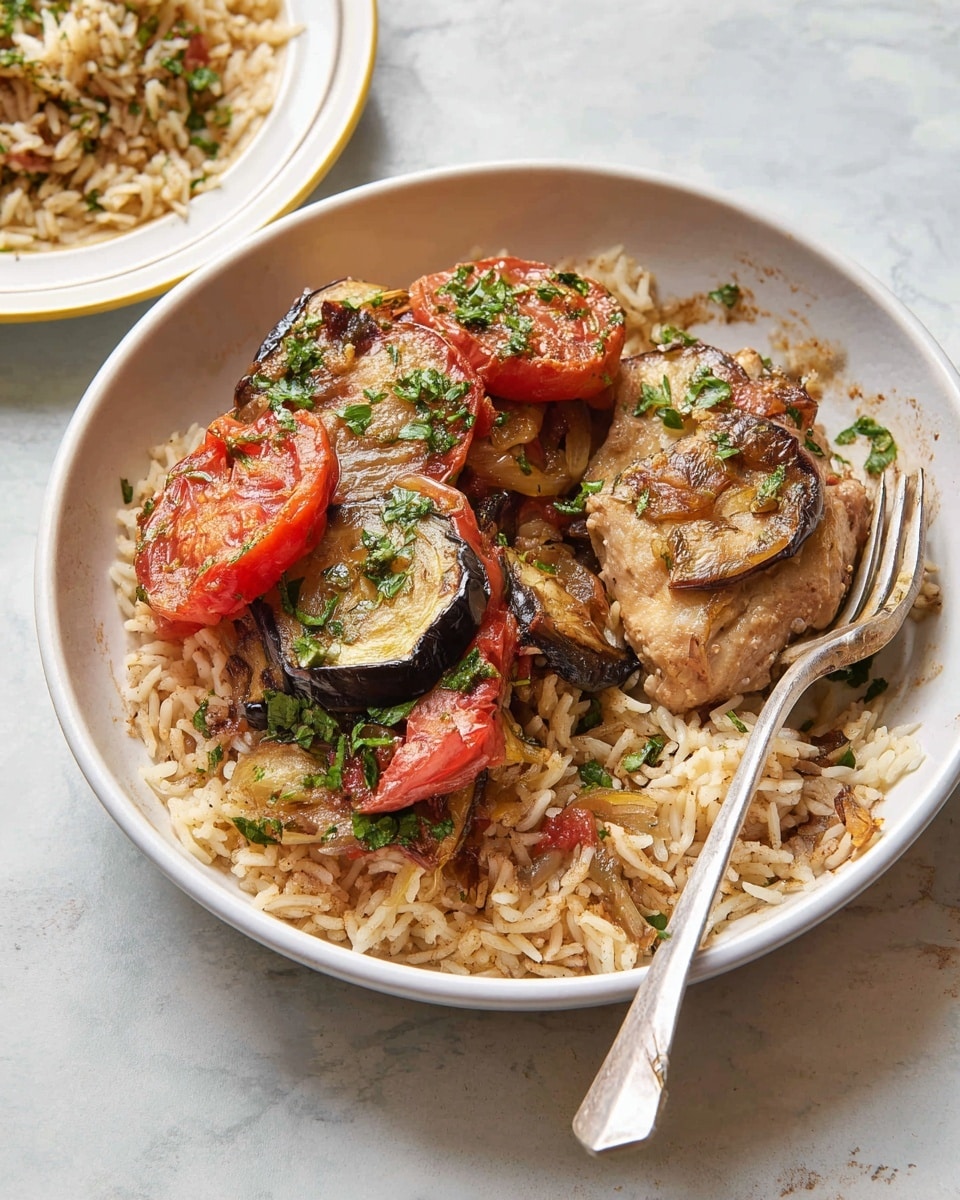 A white bowl holds a layered dish featuring a base of light brown cooked rice mixed with soft onion pieces. On top, there is a piece of cooked chicken with a slightly browned surface, followed by slices of golden brown fried eggplant that show a tender texture. The top layer has bright red cooked tomato slices sprinkled with fresh green chopped herbs. A silver fork rests on the right side inside the bowl, and in the background, a white plate with more rice and a spoon is slightly visible on a white marbled surface. Photo taken with an iphone --ar 4:5 --v 7