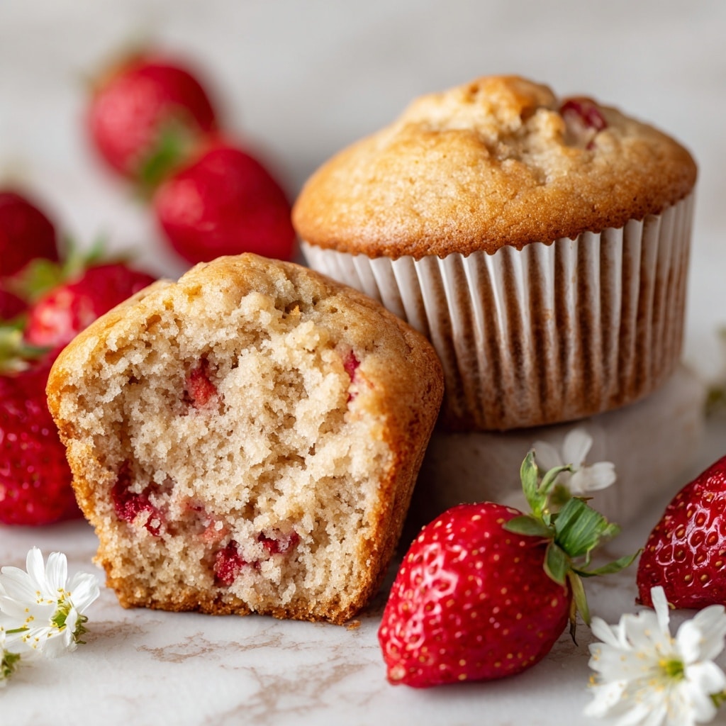 The image shows a close-up of a halved muffin with a light brown, soft, and moist interior filled with small red strawberry pieces scattered throughout. The muffin top is rounded and golden brown, with a slightly craggy texture. Around the halved muffin, there are whole muffins with smooth, golden-brown tops, and fresh red strawberry halves with green leaves at the bottom edges of the image. A small white flower with green stem lies near the central muffin on a white marbled surface. photo taken with an iphone --ar 4:5 --v 7