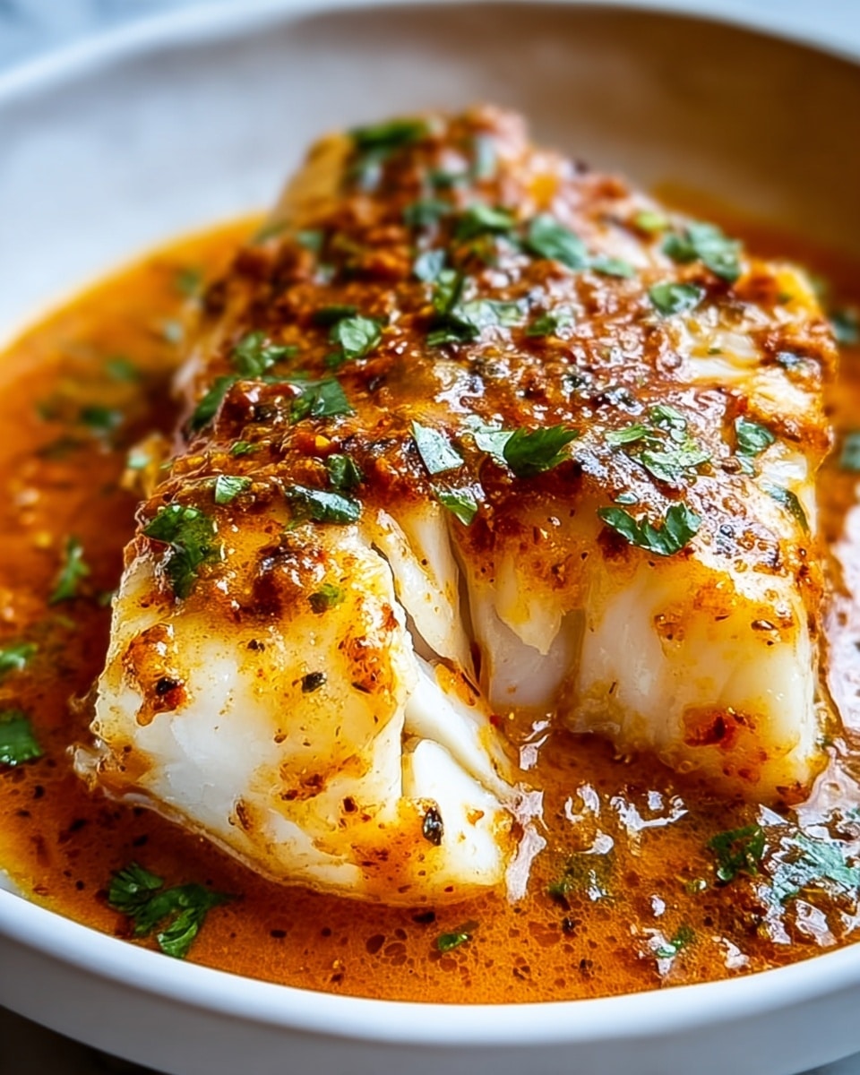 A close-up photo shows a white bowl filled with two thick white fish fillets layered side by side, covered with a rich orange-brown sauce that has visible green herb pieces and small bits of seasoning. The sauce is thick and glossy, pooling around the fish and coating the edges, with a textured surface showing herbs and spices. The fish fillets appear tender and slightly flaky, with the sauce evenly spread on top and dripping slightly off the sides. The background is a white marbled texture. Photo taken with an iphone --ar 4:5 --v 7