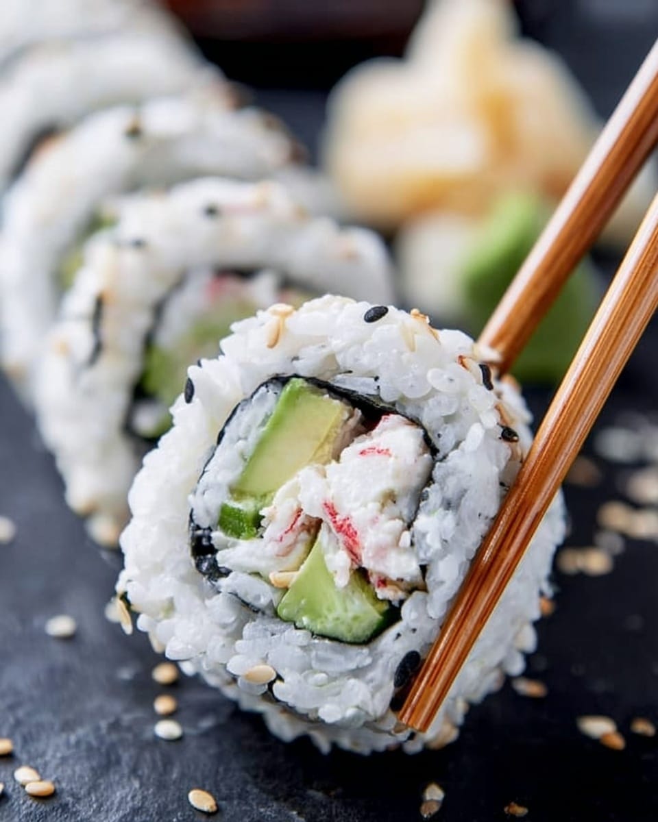 The image shows a close-up of a sushi roll held by a pair of wooden chopsticks. The sushi roll has three visible layers: the outer layer is white rice mixed with black sesame seeds, the middle layer is black seaweed, and the inner layer contains creamy white crab meat, green avocado slices, and cucumber pieces. The sushi rolls are placed on a black surface sprinkled with sesame seeds, with blurred pieces of ginger and wasabi visible in the background. photo taken with an iphone --ar 4:5 --v 7