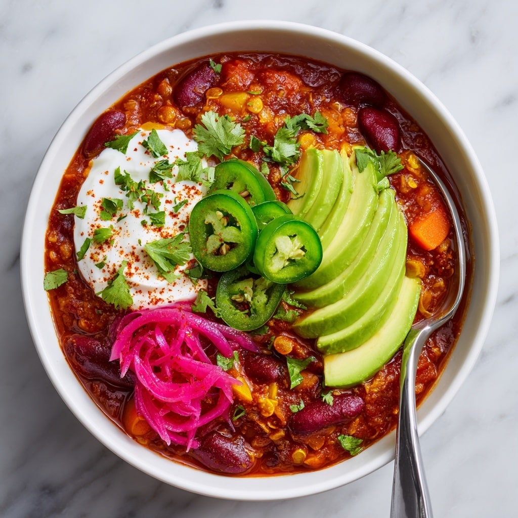 A white bowl filled with thick, rich red chili made of lentils and beans forms the base layer, showing a chunky texture with visible yellow lentils, dark beans, and bits of vegetables. On top to one side, there is a neat fan of smooth, pale green avocado slices sprinkled with chopped green herbs. Next to the avocado, a dollop of white sour cream sits, lightly dusted with reddish spice and garnished with small green herb pieces. Beside the sour cream, vibrant pink pickled onions add a bright pop of color with their thin, curly strands. Near the edge of the bowl, green jalapeño slices peek out, partially covered by the chili. A metal spoon scoops some chili, showing its chunky, hearty texture against the white marbled surface in the background. photo taken with an iphone --ar 4:5 --v 7