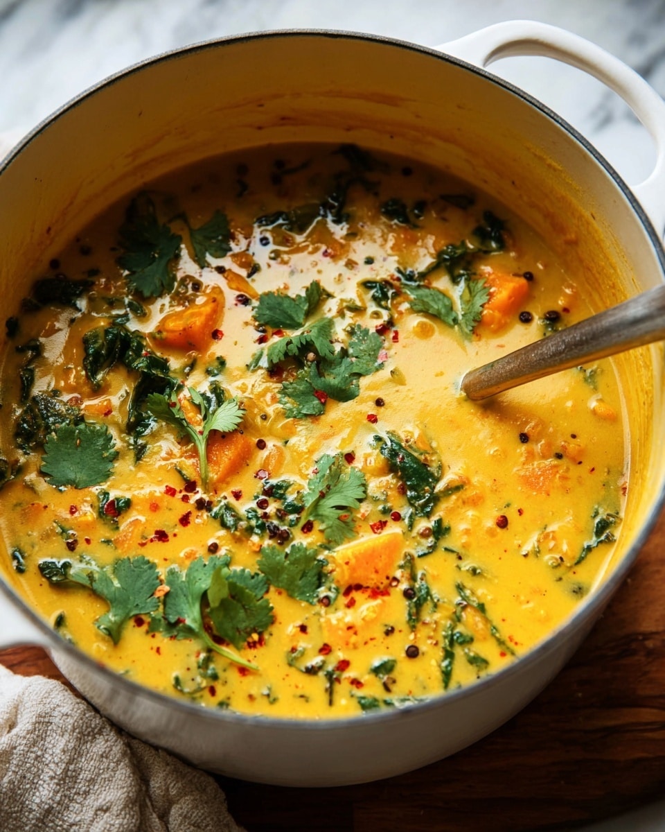 A close-up of a white pot filled with a creamy yellow curry soup with a smooth texture. Inside the curry, there are bright orange chunks of vegetables, dark green leafy vegetables, and small lentils. Fresh cilantro leaves are scattered on top, with a few red specks of spice. A silver ladle is resting on the right side inside the pot. The pot is set on a wooden board with a beige cloth partially underneath. The background is a white marbled texture. photo taken with an iphone --ar 4:5 --v 7