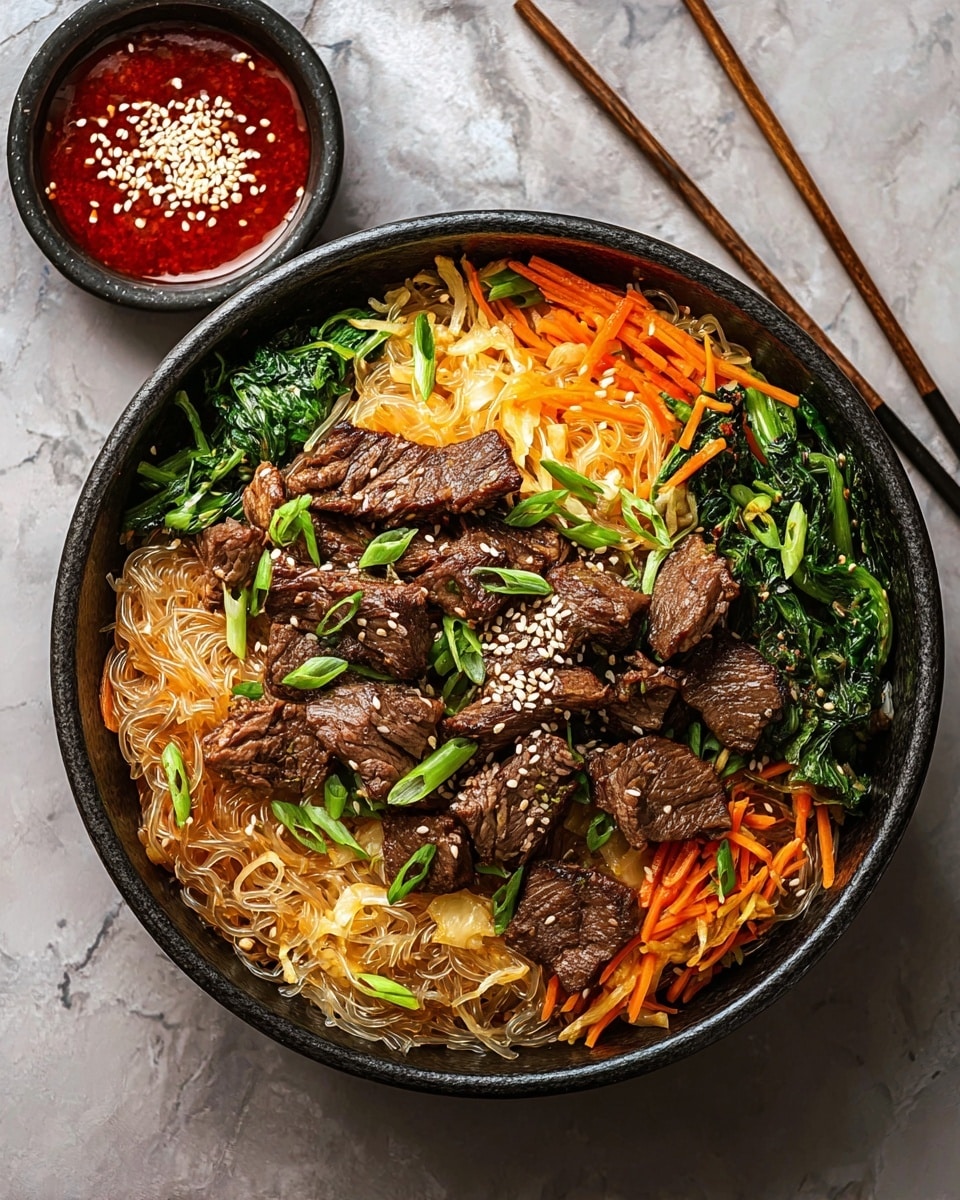 A white bowl filled with a base layer of light, thin, translucent rice noodles, topped with a mix of dark green spinach leaves, bright green peas, thin orange carrot strips, and small pieces of cooked brown beef scattered evenly. The dish is sprinkled with white sesame seeds, adding texture on top. Two dark brown chopsticks rest on the bowl's rim, pointing towards the center. The bowl sits on a white marbled surface with small bowls of coarse salt, fresh green herbs, and red chili flakes around it. Photo taken with an iphone --ar 4:5 --v 7