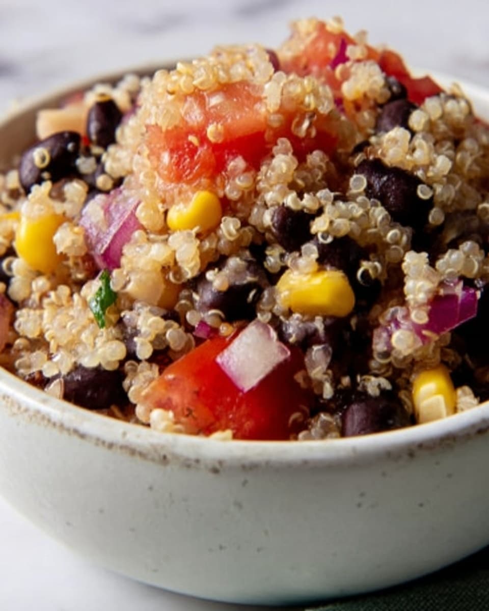 The image shows a close-up of a white ribbed small bowl filled with a quinoa salad. The salad has three main layers visible: the top layer is light beige quinoa with a fluffy texture; mixed throughout are dark black beans, small yellow corn kernels, and pieces of red onion sliced thinly. There are small bits of red tomato pieces scattered on top, adding some bright color contrast. The bowl sits on a white cloth with black text, and the background is a white marbled surface. The overall look is fresh and colorful with mixed textures in a small, round white bowl. photo taken with an iphone --ar 4:5 --v 7