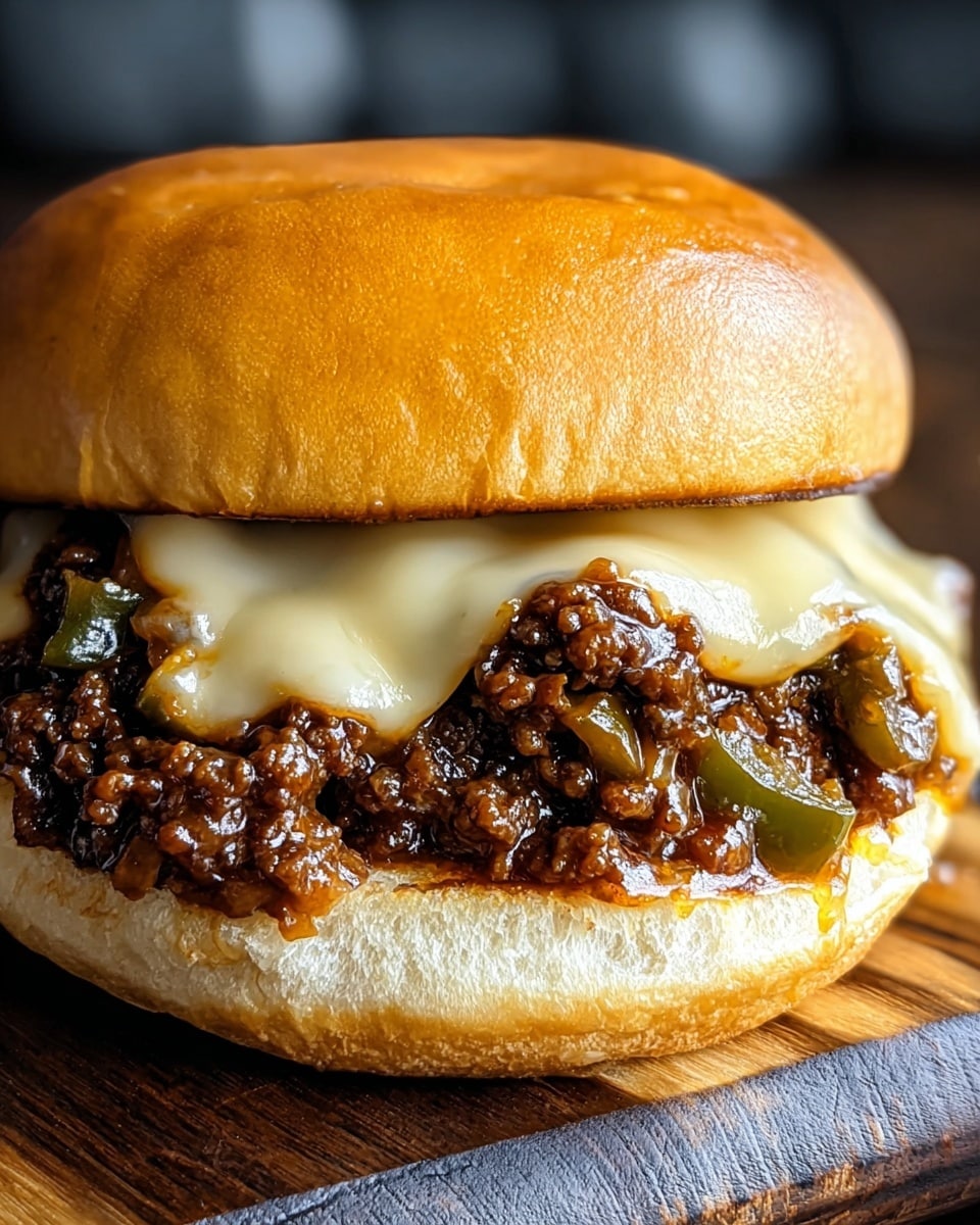 A close-up of a sandwich with a shiny, toasted golden brown top bun. Below it, there is a thick layer of melted cheese dripping over a rich, dark brown cooked ground meat mixed with tender green peppers. The bottom bun is soft and light tan with a slight toasted edge, holding the juicy filling tightly. The sandwich sits on a dark wooden surface with a blurred background. photo taken with an iphone --ar 4:5 --v 7