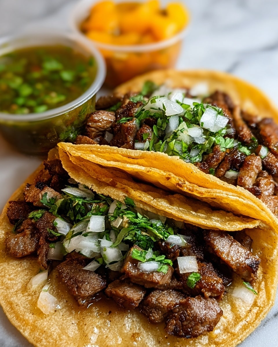 Two soft corn tortillas with light golden color and slight charring hold a layer of dark brown grilled steak, cut into small pieces. On top, white chopped onions and green cilantro leaves are scattered, adding fresh color contrast. Behind the tacos, a small white bowl with green salsa and another with orange salsa sit on a white marbled surface, completing the setting. photo taken with an iphone --ar 4:5 --v 7