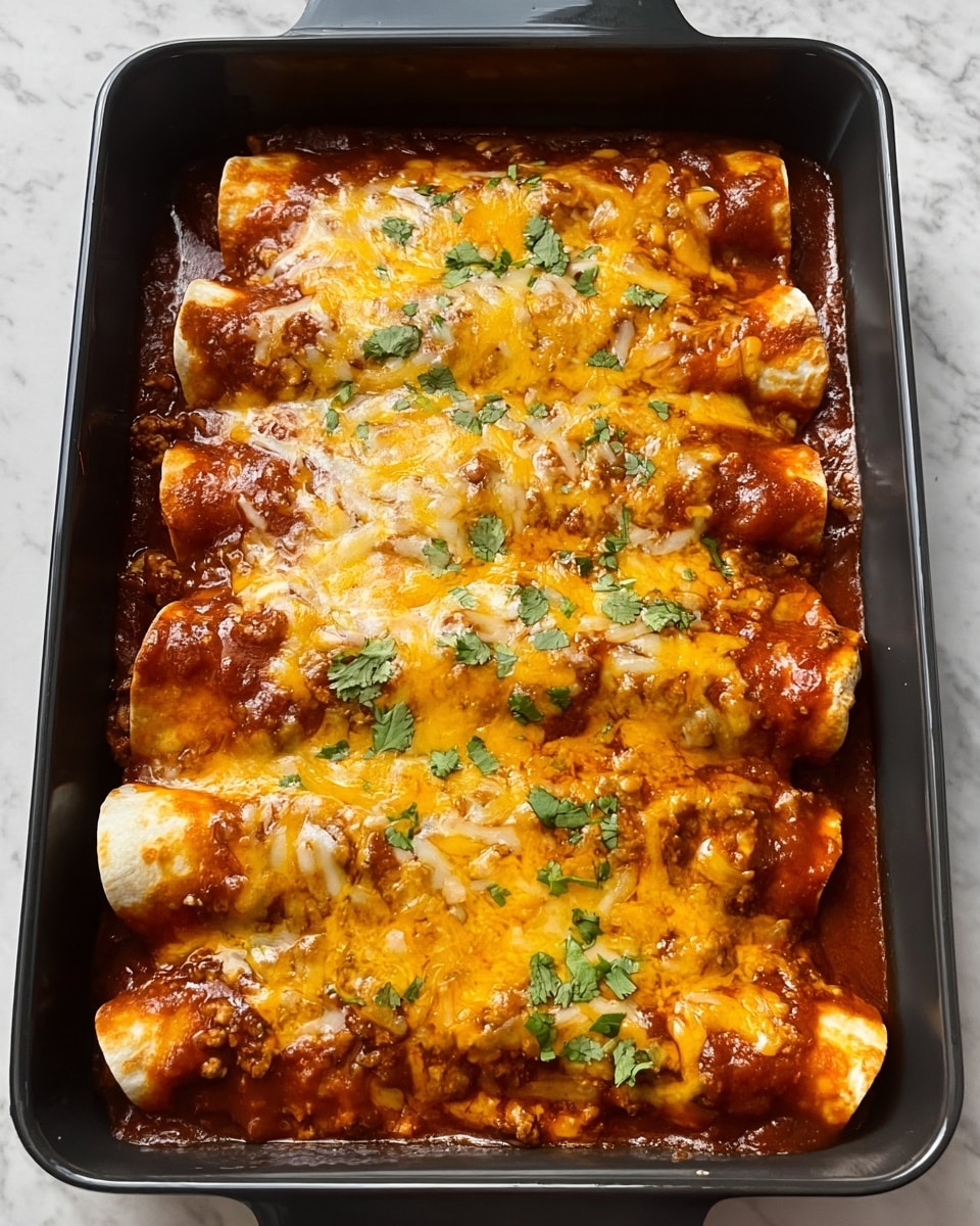A black rectangular baking dish contains five rolled tortillas lined up side by side, each wrapped tightly around a filling. The tortillas are covered in a thick red tomato-based sauce with visible chunks of ground meat. On top, melted cheese in shades of yellow and light orange is spread evenly, with some browned spots showing it has been baked. Small pieces of fresh green cilantro are scattered over the melted cheese. The dish sits on a white marbled texture background. Photo taken with an iphone --ar 4:5 --v 7