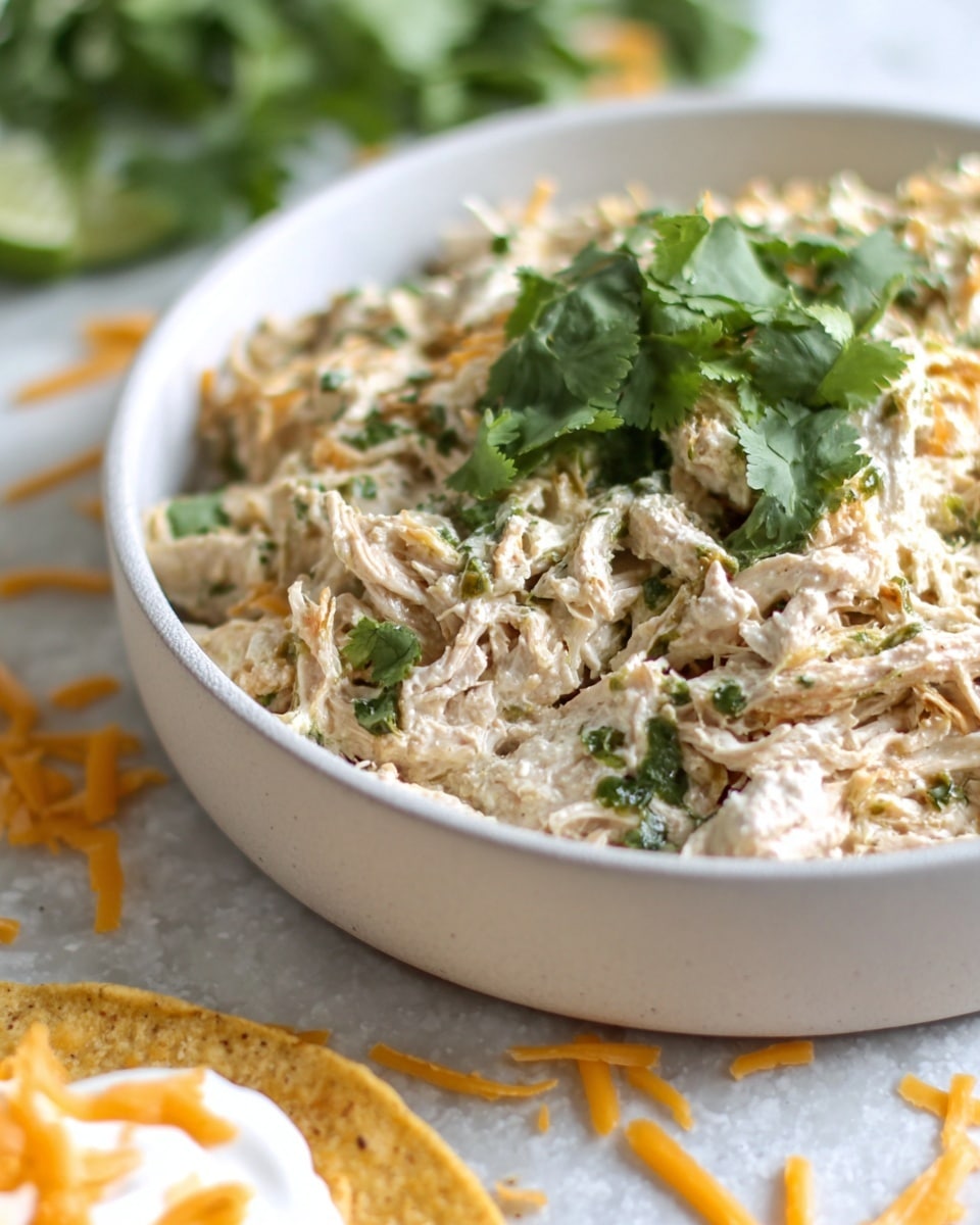 A close-up of a shallow white bowl filled with a mix of creamy shredded chicken, slightly beige in color with green bits throughout, topped with fresh bright green coriander leaves in the center. The bowl sits on a white marbled textured surface scattered with thin orange shredded cheese pieces. In the lower front corner, part of a tortilla is visible, layered with some shredded chicken and topped with white sour cream and bits of orange shredded cheese. Photo taken with an iphone --ar 4:5 --v 7