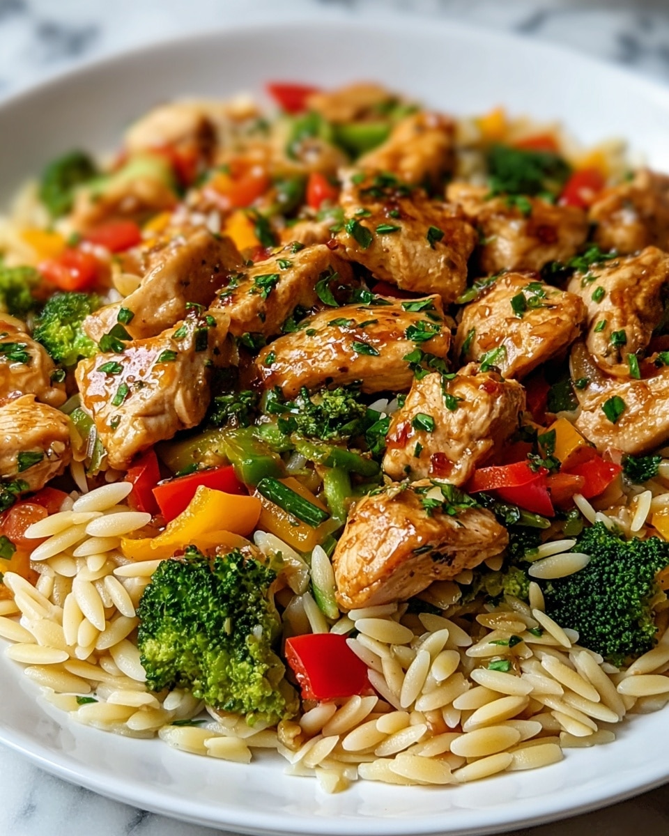 A white plate is filled with a colorful dish showing several layers: at the base, there are glossy, light golden orzo pasta pieces scattered throughout. On top of this, there are bright green broccoli florets, yellow and red bell pepper chunks, and dark green zucchini slices, giving a mix of fresh, vibrant colors. Large, juicy-looking pieces of cooked chicken with a golden-brown sear are spread evenly across the plate, some topped with small bits of green herbs. The textures range from the smooth, shiny pasta to the tender, slightly charred chicken and crisp vegetables. The whole dish glistens slightly, indicating a light sauce coats everything. The background is a white marbled texture. photo taken with an iphone --ar 4:5 --v 7