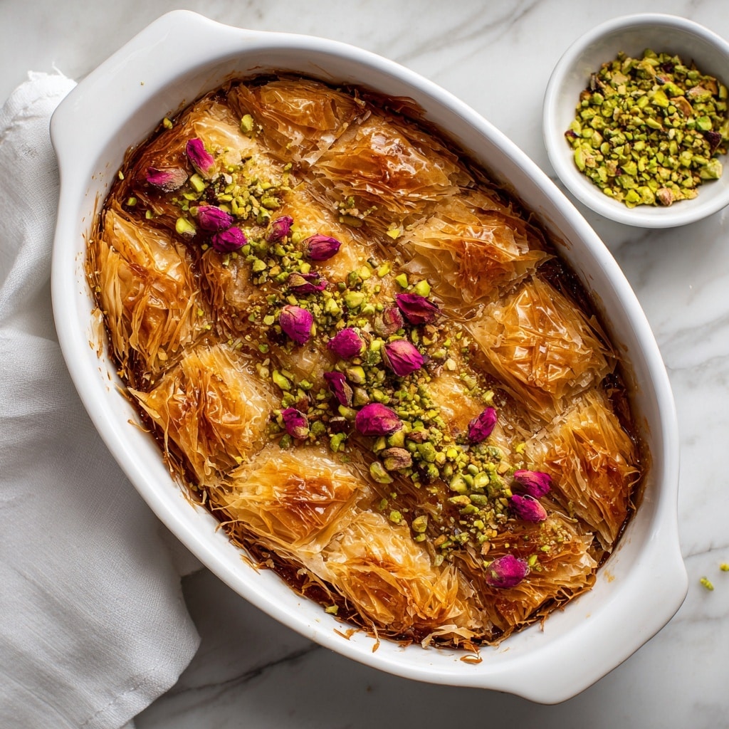 The image shows a white oval baking dish filled with a layered dessert featuring thin, crispy golden-brown phyllo dough strips placed closely together on top. The top layer is drizzled with syrup, creating a shiny texture, and sprinkled with bright green slivers of pistachios and small dark pink dried rose petals. The phyllo dough has a slightly wrinkled and flaky texture, with some darker toasted edges. Next to the dish, there is a small white bowl containing more green pistachio slivers and pink rose petals. The whole setup is on a white marbled surface with a folded white cloth nearby. photo taken with an iphone --ar 4:5 --v 7