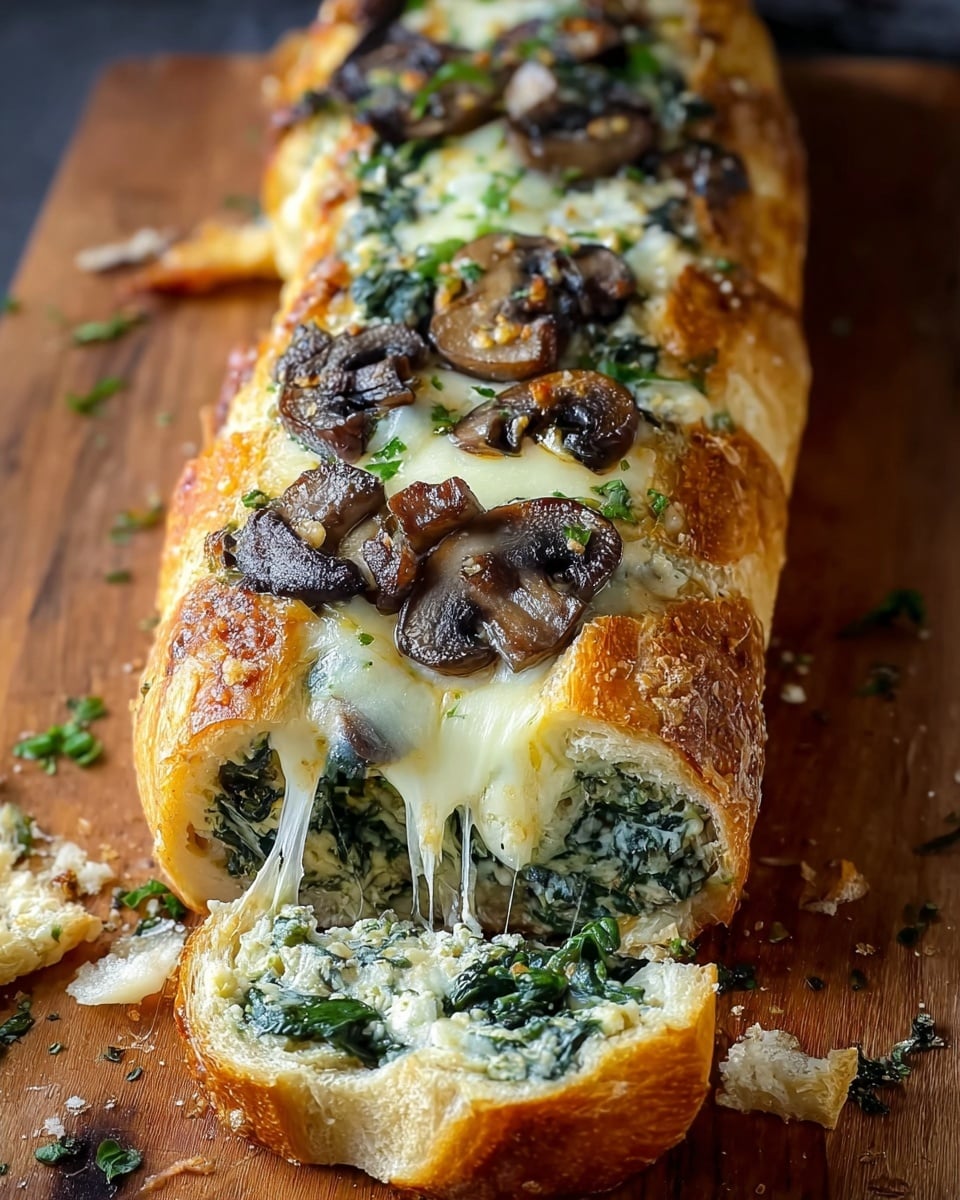 A golden brown bread loaf is cut open to show layers inside: the outer crust is crispy and light brown with a shiny texture, inside are layers of wilted green spinach leaves mixed with creamy white cheese, topped with cooked brown mushrooms and melted cheese that stretches as a piece is pulled away. The loaf is placed on a wooden board with crumbs scattered around, and fresh green herbs are visible on the board. The background is a white marbled texture. photo taken with an iphone --ar 4:5 --v 7